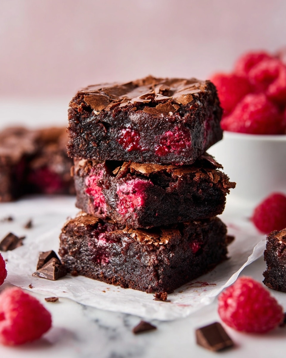 Three square brownies are stacked in the center on a piece of white parchment paper over a white marbled surface. Each brownie shows a dark, rich chocolate color with a rough, slightly cracked top layer, and some melted chocolate spots. Inside, the brownies have a dense, moist texture mixed with bright red raspberry pieces that stand out in every layer. Around the stack, fresh whole raspberries and small chocolate chunks are scattered, adding hints of vibrant red and deep brown to the scene. In the softly blurred background, a white bowl filled with more raspberries sits on the white marbled surface. Photo taken with an iphone --ar 4:5 --v 7