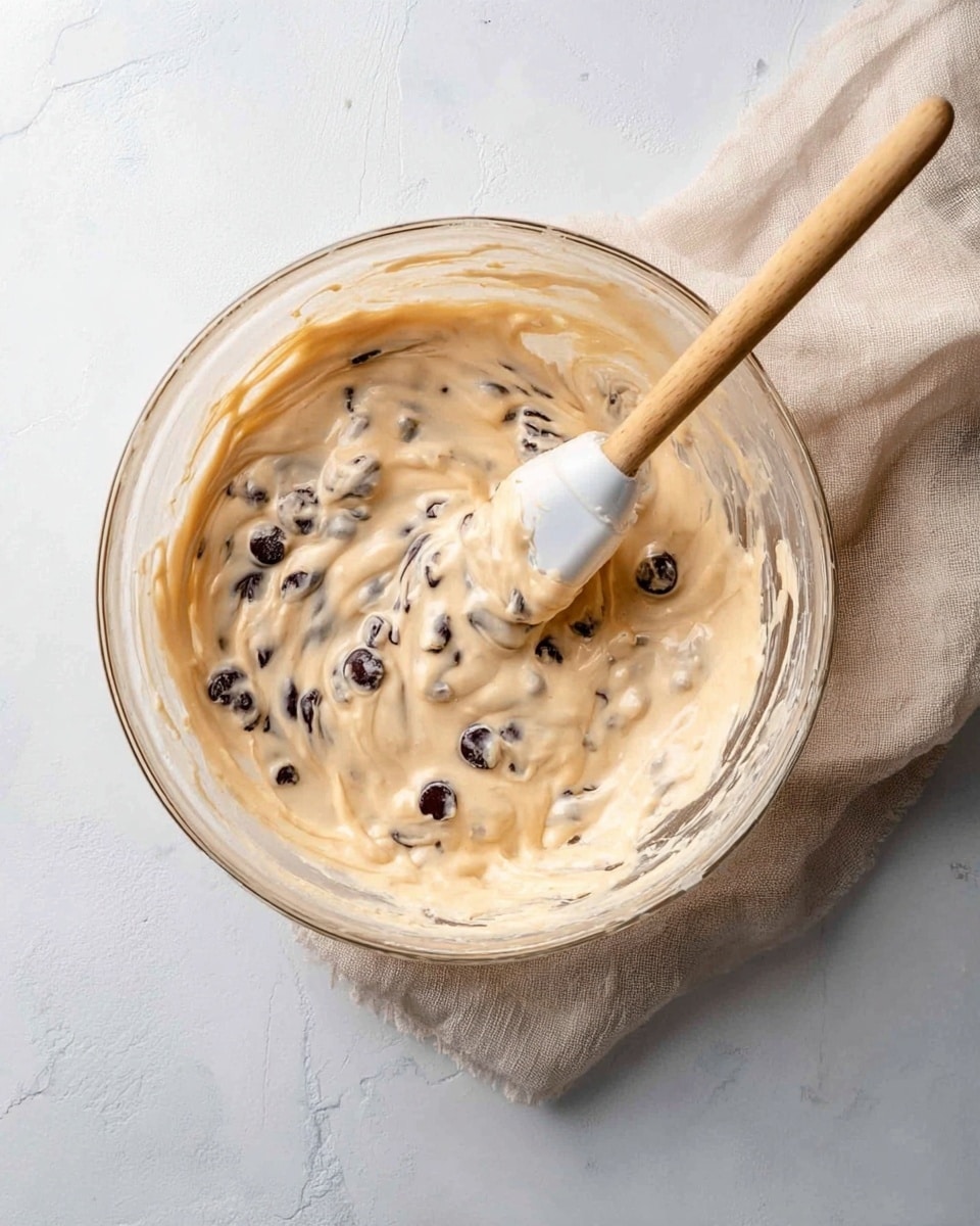 A clear glass bowl filled with creamy beige mixture that has dark round pieces swirled in. A wooden spatula with a white silicone tip is resting inside the bowl, partially covered with the mixture. The bowl is placed on a soft, light beige cloth on a white marbled surface. photo taken with an iphone --ar 4:5 --v 7