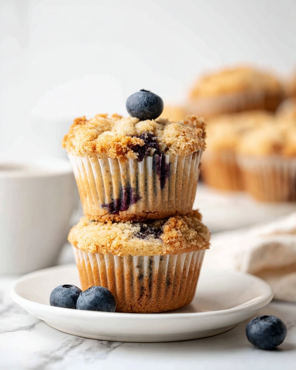 Two blueberry muffins are stacked on a white plate placed on a white marbled surface. The muffins have a golden-brown crumbly top layer with visible blueberries inside the muffin paper cups. One fresh blueberry sits on top of the upper muffin, and two more blueberries rest on the plate in front of the stack. In the background, more muffins and a white cup are blurred, adding depth to the image. The lighting is soft and natural, highlighting the textures of the muffins and blueberries. Photo taken with an iphone --ar 4:5 --v 7