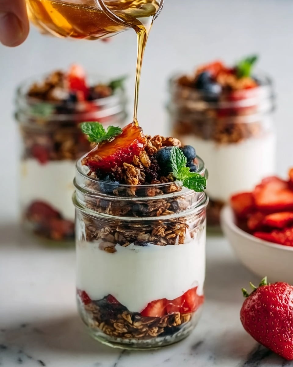 A clear glass jar with three visible layers on a white marbled surface: the bottom layer is smooth white yogurt, the middle layer is a crunchy brown granola mixed with some dark blueberries, and the top layer consists of fresh red strawberry pieces, blueberries, and green mint leaves. A golden liquid is being poured over the top from above, and there are two more similar jars blurred in the background along with a white bowl filled with cut strawberries on the right side. A woman's hand is holding the jar. Photo taken with an iphone --ar 4:5 --v 7