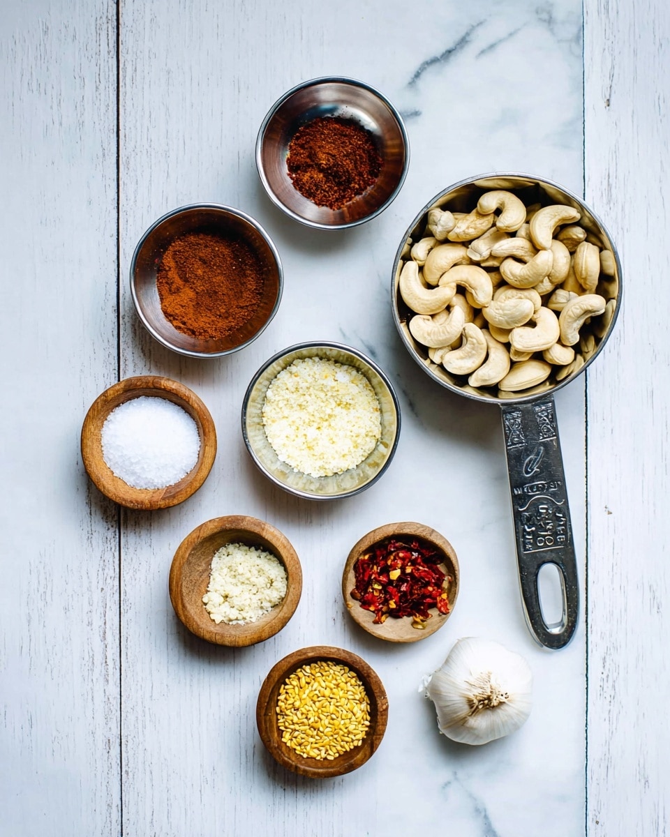 The image shows a flat lay of various cooking ingredients placed on a white marbled surface. On the right side, a metal measuring cup filled with whole cashew nuts is positioned with its handle facing down. Surrounding it are seven small round bowls in two materials: silver and light wood. The silver bowls contain three different powders in brown, white, and red colors, and one small white container holds a dark paste. The wooden bowls hold white salt, yellow flakes, and red chili flakes with seeds. A whole white garlic clove lies next to the measuring cup on the surface, adding a natural touch to the arrangement. photo taken with an iphone --ar 4:5 --v 7