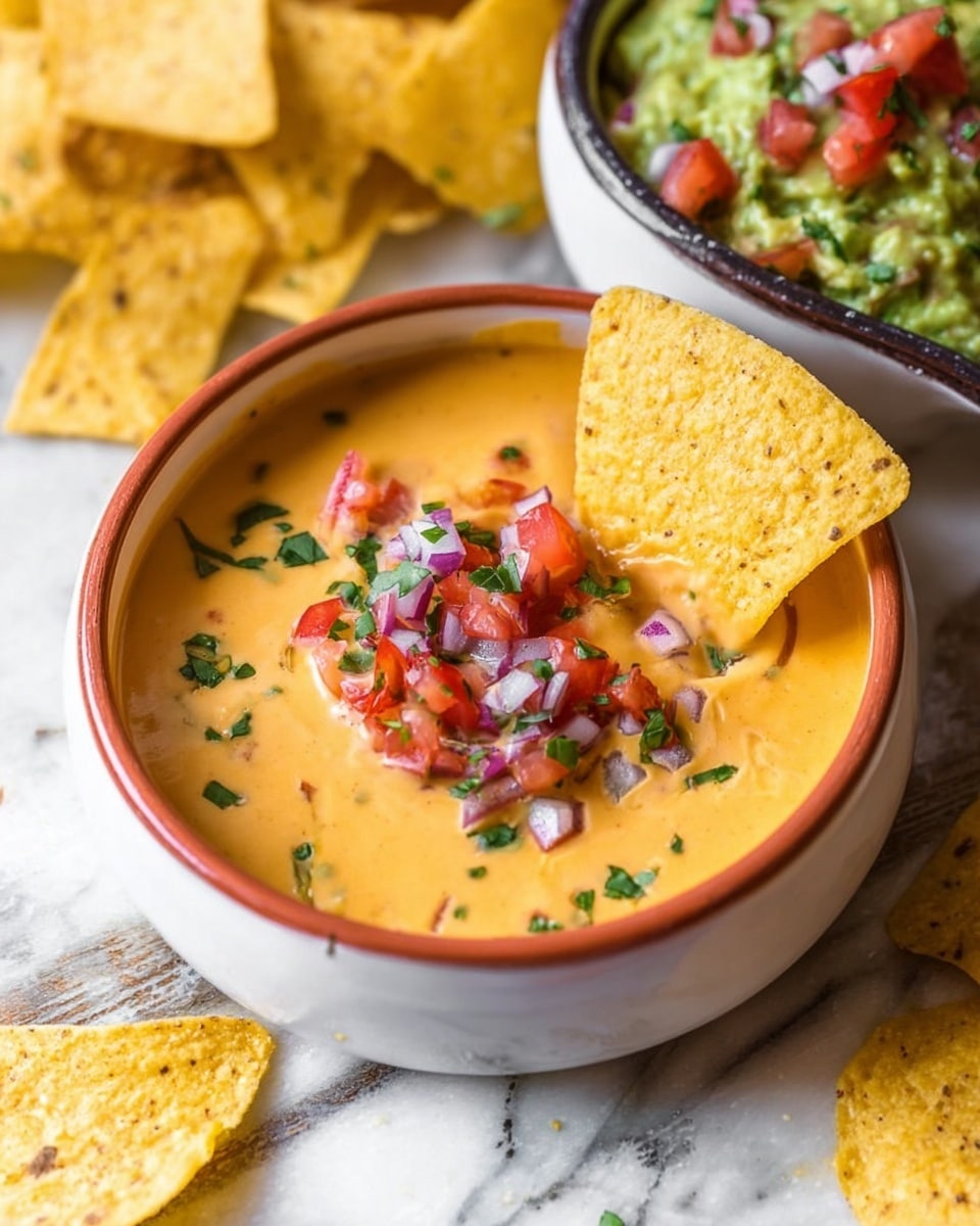 The image shows a white ceramic bowl with an orange inside rim, filled with creamy orange cheese sauce topped with small chopped pieces of red tomatoes, green herbs, and bits of purple onion. A yellow tortilla chip is dipped partially into the cheese sauce, hanging on the edge of the bowl. Around the bowl are several yellow tortilla chips scattered on a white marbled surface, some with a touch of green herbs. In the background, a white bowl holds green guacamole topped with diced red tomatoes and green herbs, with some tortilla chips placed inside the bowl. The scene is bright and colorful with a close-up view. photo taken with an iphone --ar 4:5 --v 7