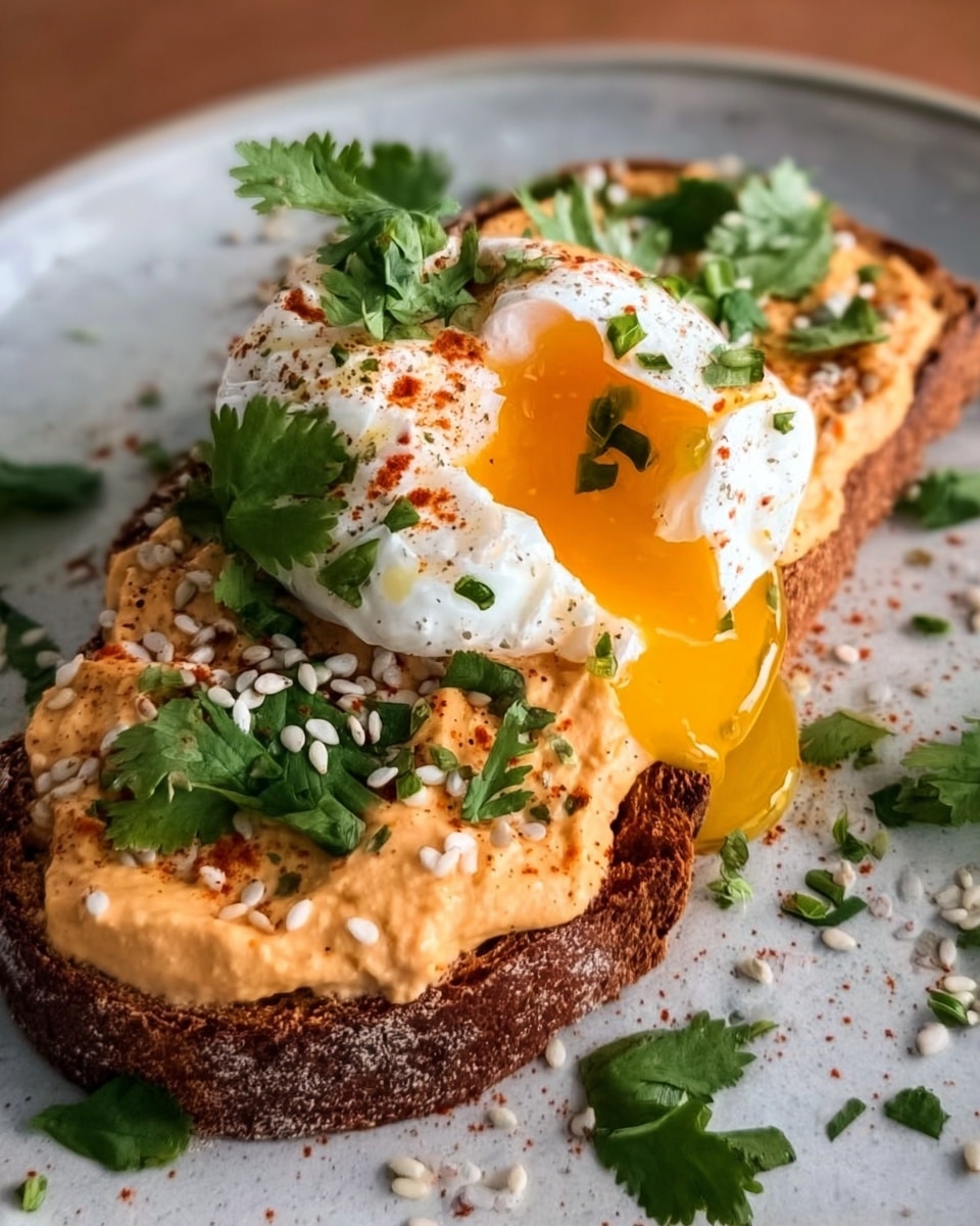A thick slice of dark toasted bread is covered with a smooth layer of light orange spread, garnished with scattered small white seeds and fresh green cilantro leaves. On top sits a perfectly poached white egg, slightly broken to reveal rich, runny yellow yolk spilling onto the bread. More cilantro and tiny seeds are sprinkled over the egg and white marbled plate, adding fresh green and light tones around the dish. The scene is lit softly, showing the creamy texture of the spread and the delicate egg white. Photo taken with an iphone --ar 4:5 --v 7