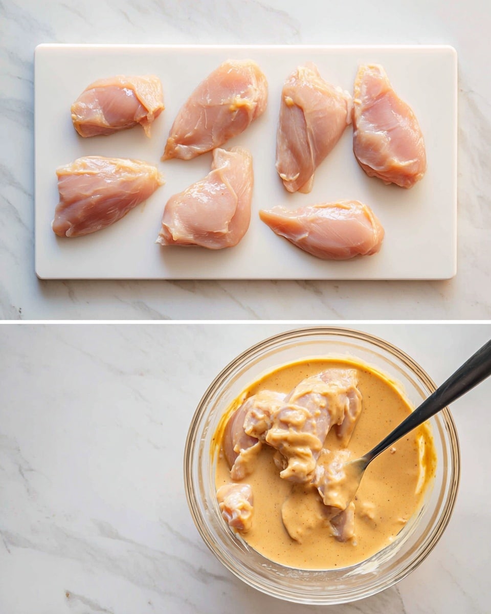 The first part of the image shows eight raw, pale pink chicken pieces neatly placed on a white cutting board with a smooth texture, all arranged on a white marbled surface. The second part shows the same chicken pieces now covered in a creamy, light orange sauce inside a clear glass bowl, with a black spoon resting inside the bowl, also placed on the same white marbled surface. The chicken pieces are partly visible under the sauce, coated evenly with some sauce dripping along the sides. photo taken with an iphone --ar 4:5 --v 7