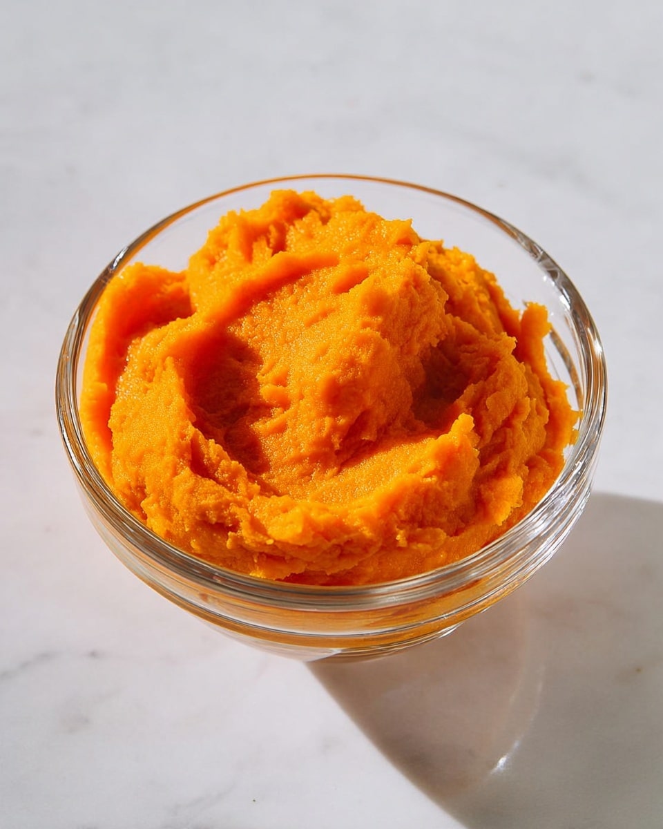 A clear glass bowl filled with bright orange mashed sweet potatoes, showing a smooth and slightly chunky texture with soft peaks and ridges around the edges, placed on a white marbled surface with a soft shadow cast to the side, photo taken with an iphone --ar 4:5 --v 7