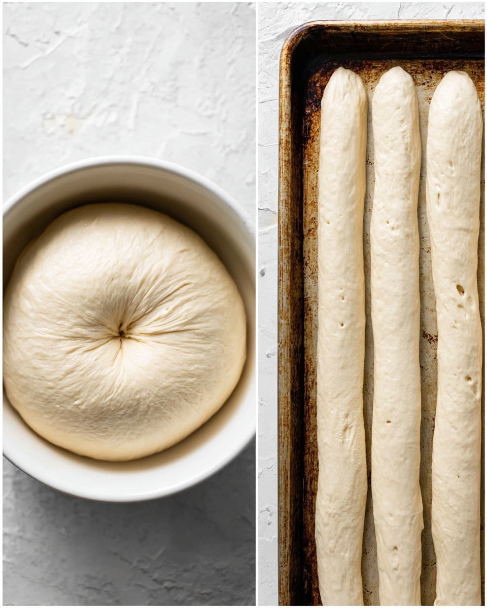 The image on the left shows a single round white bowl filled with one large ball of light beige dough that is smooth but with some wrinkles, and it has a deep dent in the center. The image on the right shows a baking tray with four long, thick dough sticks lying side by side. The dough sticks are a pale beige color with small creases and slight bumps. The surface of the tray has a textured, worn look. The background is a white marbled texture. photo taken with an iphone --ar 4:5 --v 7