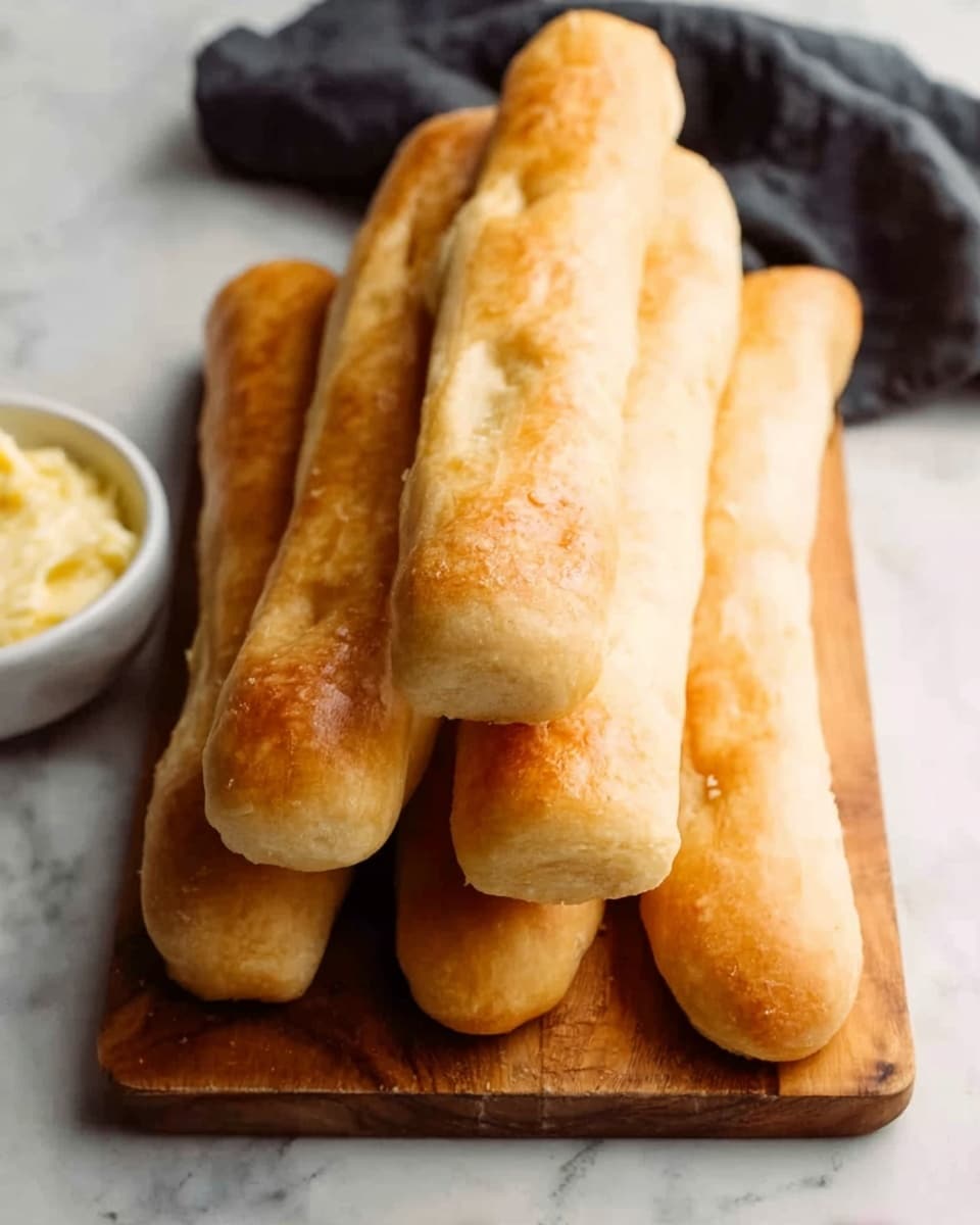 The image shows five golden brown breadsticks stacked horizontally on a wooden board, slightly overlapping each other. The breadsticks have a soft, smooth texture with a light shine on their surface. They are placed on a white marbled surface with a small white bowl filled with a creamy, pale yellow spread visible in the top left corner. A dark cloth is partly seen in the top right background, adding contrast to the scene. Photo taken with an iphone --ar 4:5 --v 7