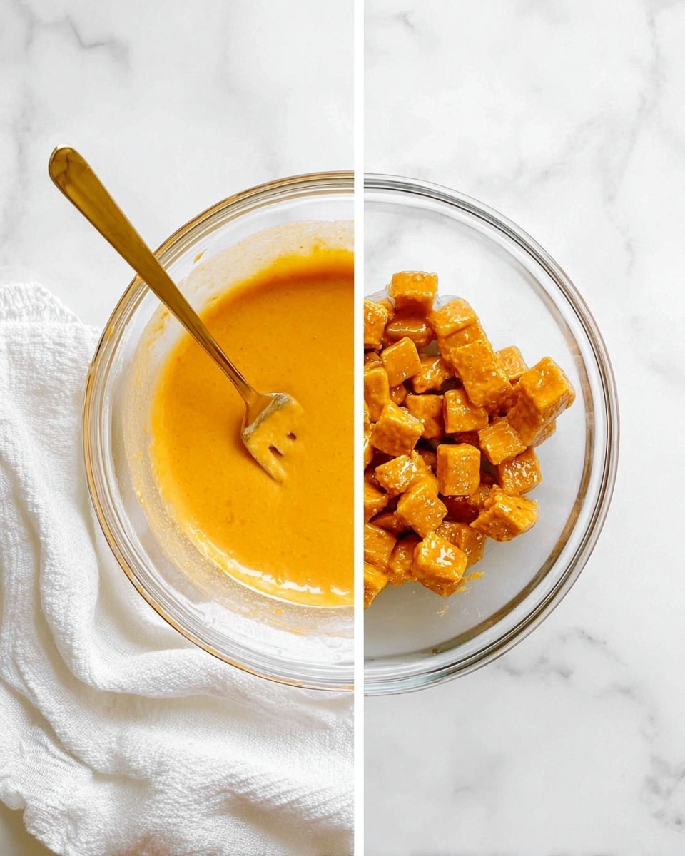 The image shows a clear glass bowl placed on a white marbled surface with a white cloth next to it. On the left side, the bowl contains a smooth, bright orange sauce with a golden fork resting inside it. On the right side, the same bowl is filled with small, cubed pieces of cooked food coated in the same orange sauce, giving them a shiny and slightly textured appearance. photo taken with an iphone --ar 4:5 --v 7