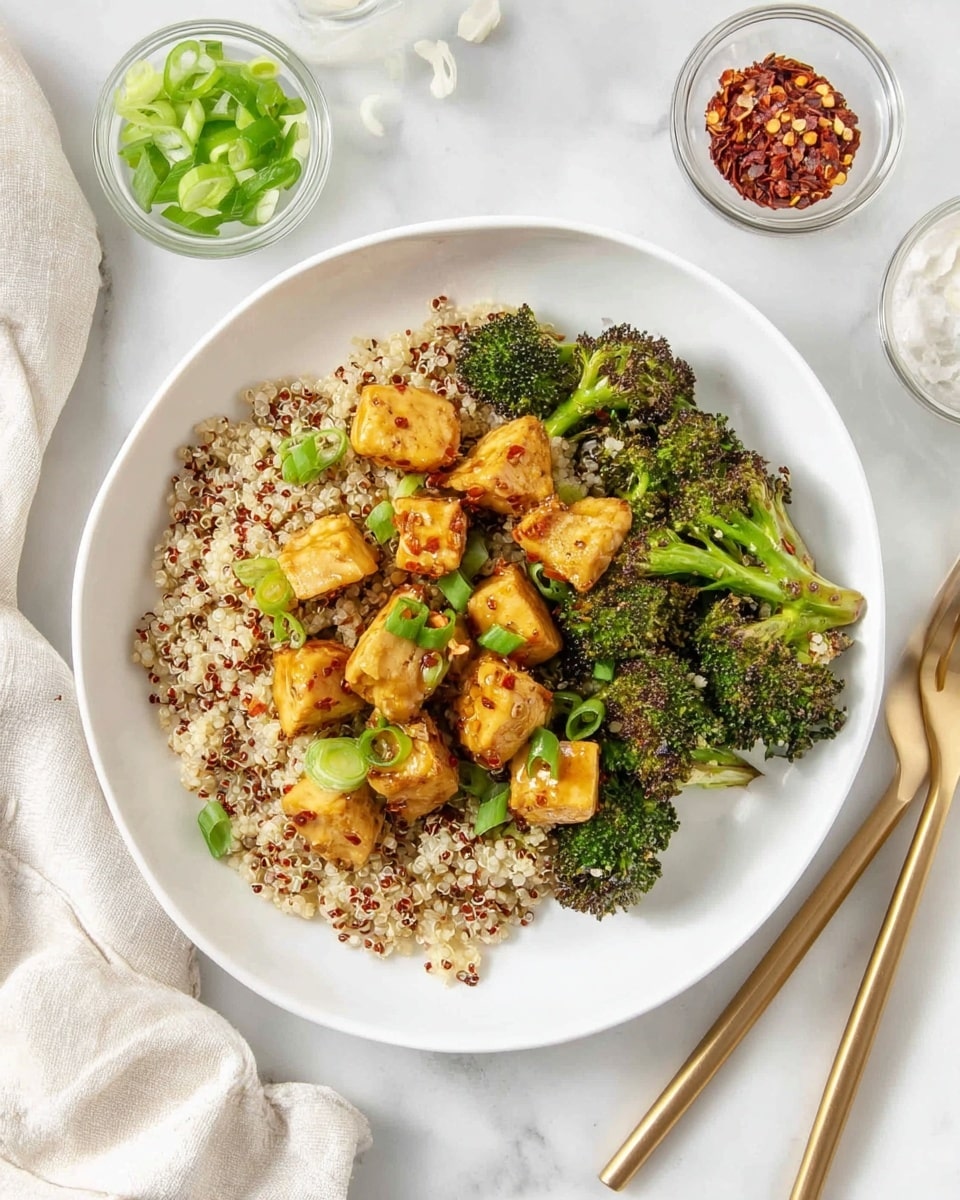 A white plate holds three layers of food on a white marbled surface. The bottom layer is a bed of cooked quinoa with white, red, and light brown grains spread evenly. On top of the quinoa is a layer of roasted broccoli florets, dark green with some charred edges. The top layer consists of golden brown cubes of cooked chicken, sprinkled with small red chili flakes. Scattered green onion slices add a fresh pop of bright green color. To the side, a white cloth napkin holds two gold forks, and near the plate are small clear bowls containing sliced green onions and red chili flakes. Photo taken with an iphone --ar 4:5 --v 7