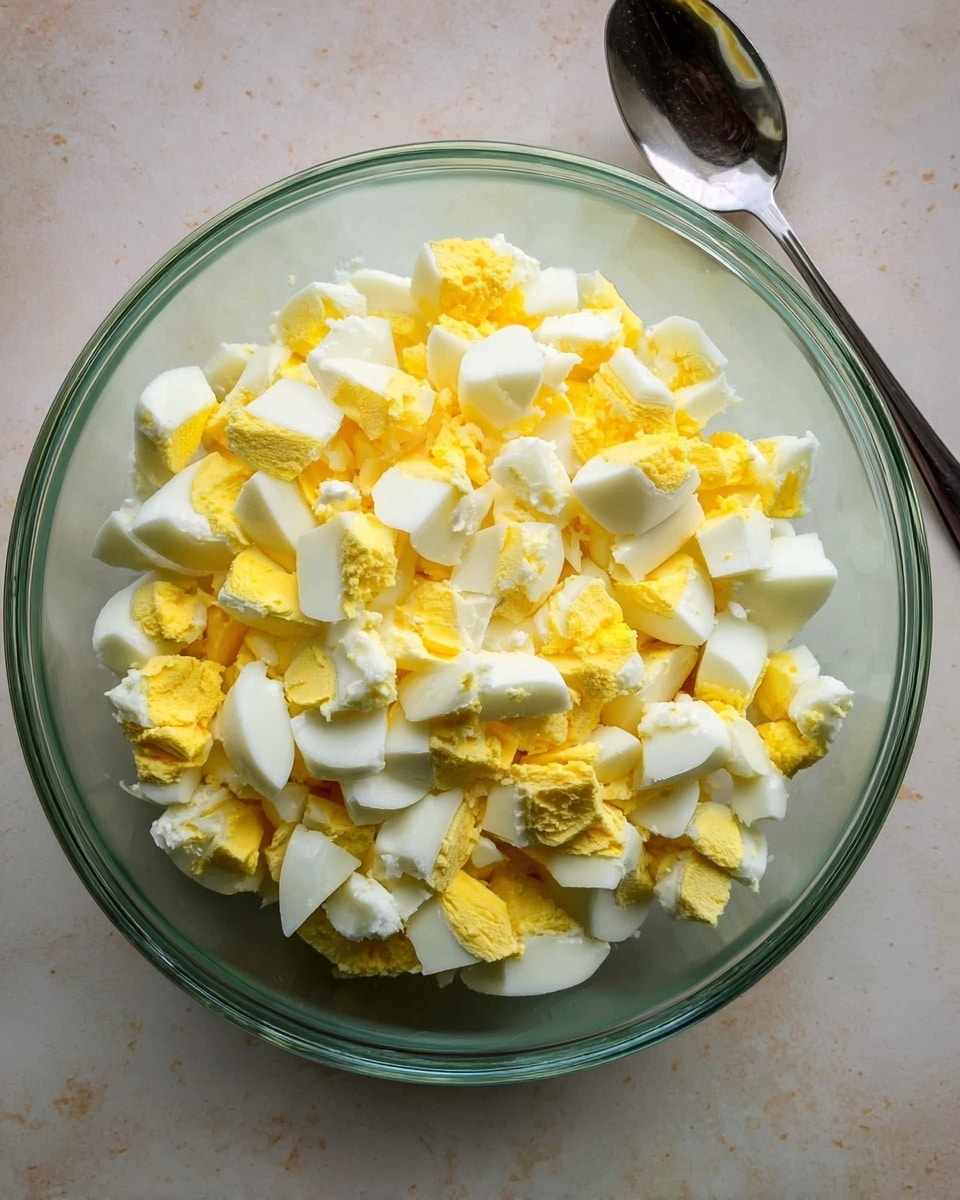 A clear glass bowl is filled with chopped hard boiled eggs arranged in one layer. The egg pieces show a mix of bright yellow yolks and firm white egg whites, roughly cut into small chunks, spread evenly within the bowl. The bowl sits on a white marbled surface and a metal spoon lies nearby in the upper right corner. Photo taken with an iphone --ar 4:5 --v 7