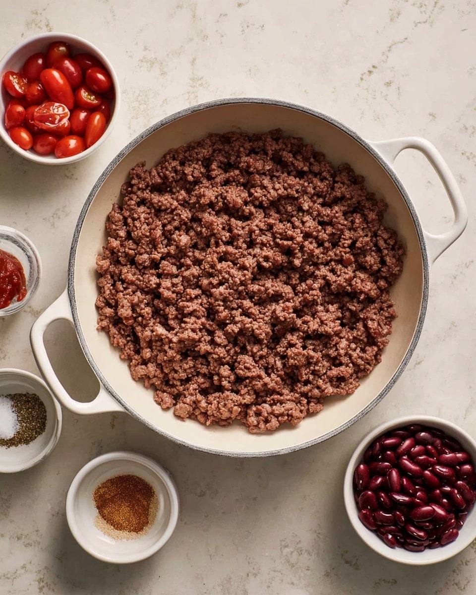 A white pan with two handles contains one layer of cooked ground meat, brown and crumbly, spread evenly inside. Around the pan, there are four small white bowls on a white marbled surface: one bowl filled with whole canned tomatoes, another with small round red beans, a third with a mix of spices including brown, red, and white powders, and the fourth holding a small amount of dark red tomato paste. The scene looks like ingredients ready for making a meat sauce. Photo taken with an iphone --ar 4:5 --v 7