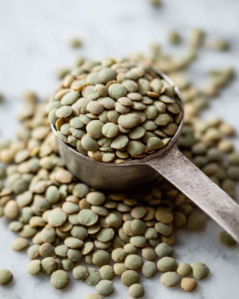 A close-up image of a small silver metal measuring cup filled with dry light green lentils heaped over the top, with lentils spilling over the edges and scattered around on a white marbled surface. The lentils are round and flat, smooth in texture, and have a dull, muted green color. The handle of the measuring cup extends out of the right side of the image, slightly out of focus, resting on the white marbled texture. Photo taken with an iphone --ar 4:5 --v 7