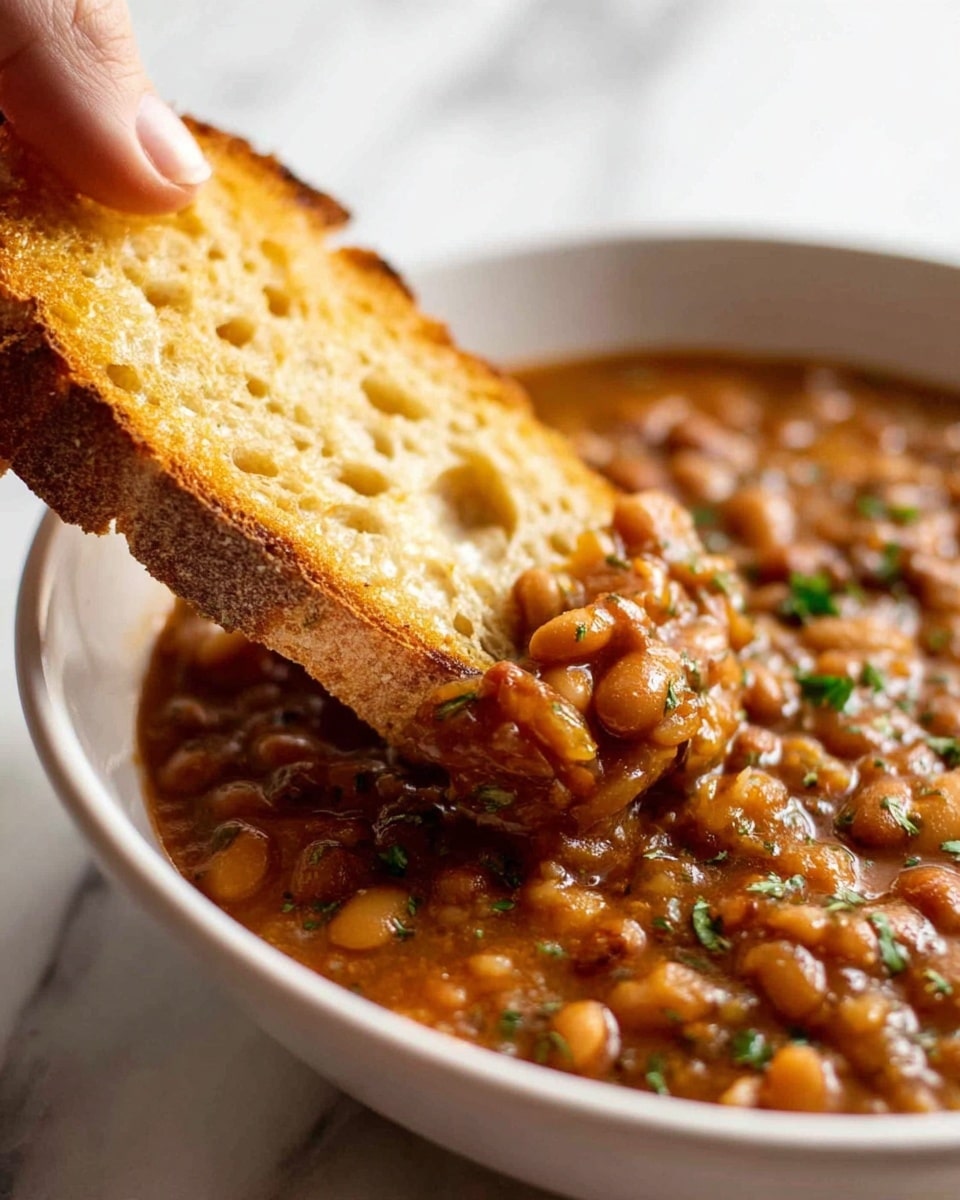 A close-up view of a white bowl filled with thick, brown baked beans mixed with small, soft beans and bits of green herbs scattered on top. A piece of toasted bread, golden brown with a slightly rough texture and porous holes, is dipped into the beans, lifting some beans and sauce from the bowl. A woman's hand is holding the bread near the top right corner. The background shows a white marbled surface. The image has warm lighting that brings out the rich colors and textures of the beans and bread. photo taken with an iphone --ar 4:5 --v 7