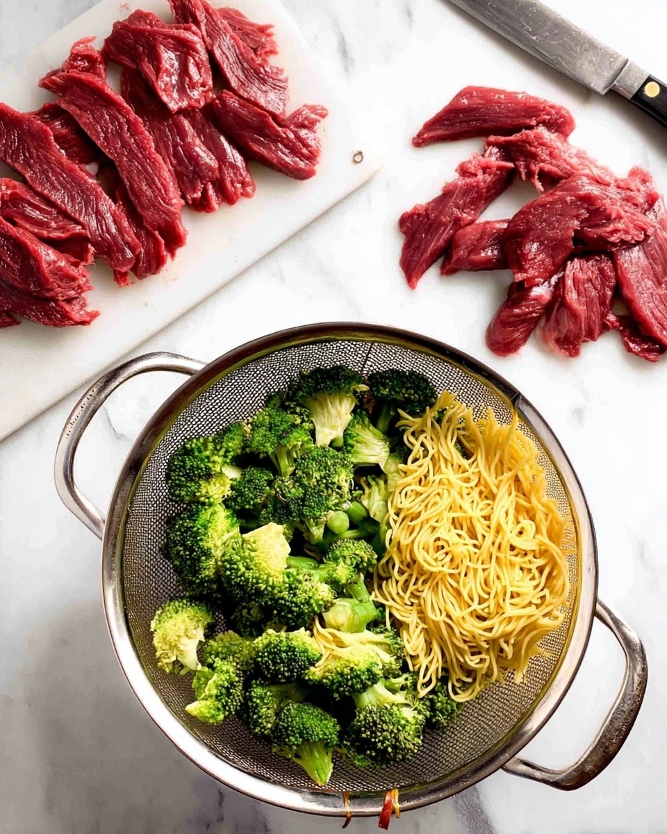 The image shows thin strips of raw red beef placed neatly on a white marbled surface in the top left, with some pieces already sliced and laid out below along with a knife on the right side; on the right side of the image, there is a metal colander filled with bright green broccoli florets mixed with cooked yellow noodles, all set against a white marbled background. photo taken with an iphone --ar 4:5 --v 7