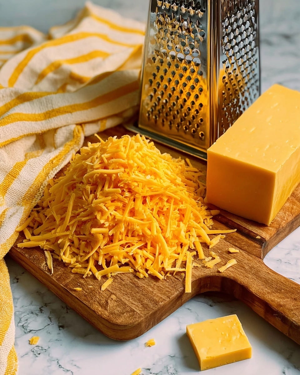 A wooden board with a copper handle holds a large pile of shredded yellow cheese in the center. To the right of the cheese pile lies a block of solid yellow cheese, and behind it, a metal box grater stands upright. A yellow and white striped cloth is on the left side of the board, and the background surface is a white marbled texture. Photo taken with an iphone --ar 4:5 --v 7