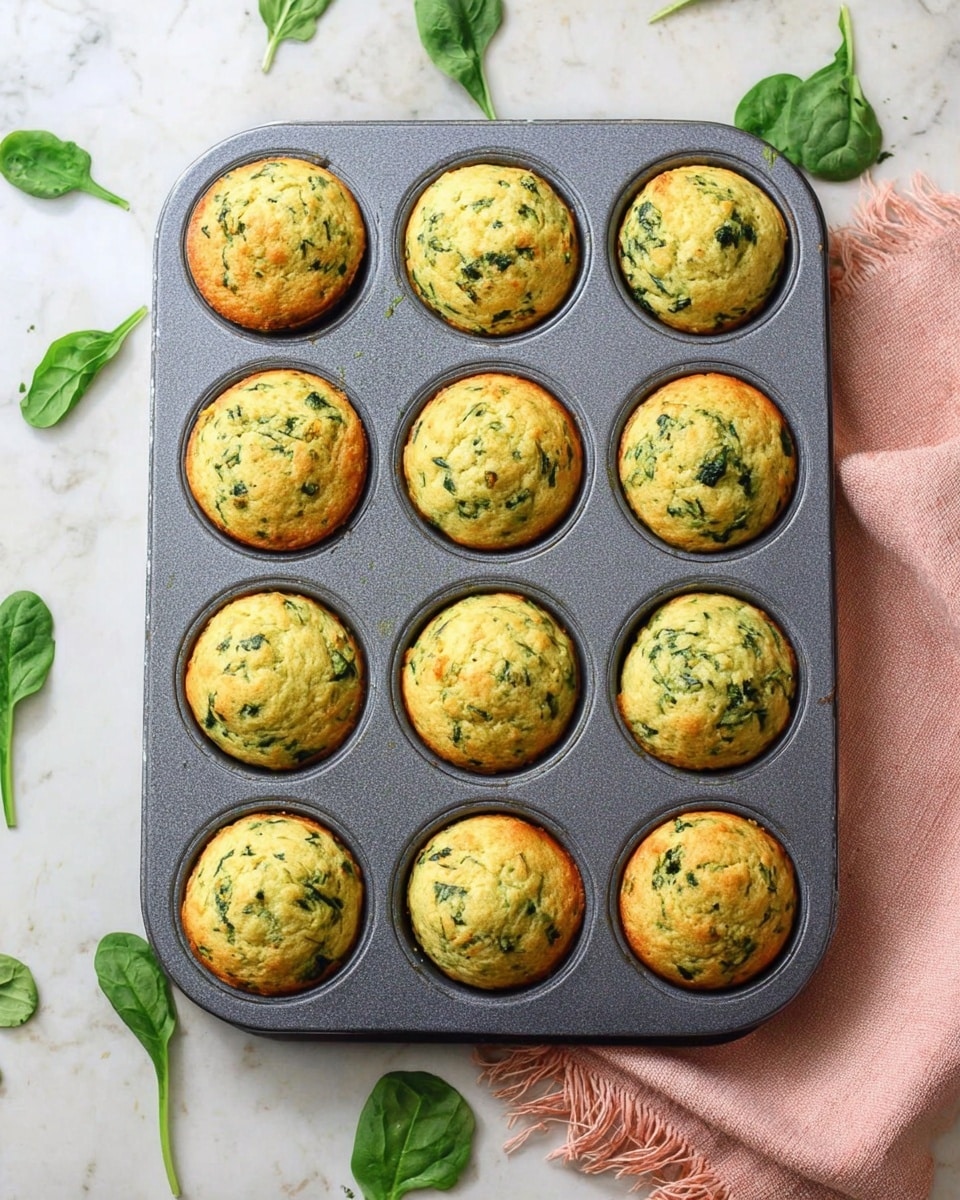 A grey metal muffin tray holds twelve spinach muffins, each round and golden brown with visible green spinach pieces mixed inside. The muffins are roughly the same size, slightly domed and textured with some cracks and light browning on top. The tray sits on a white marbled surface with scattered fresh spinach leaves around it and a soft pink cloth with fringe near the top right corner. The overall look is fresh and simple, highlighting the muffins as the main focus. photo taken with an iphone --ar 4:5 --v 7