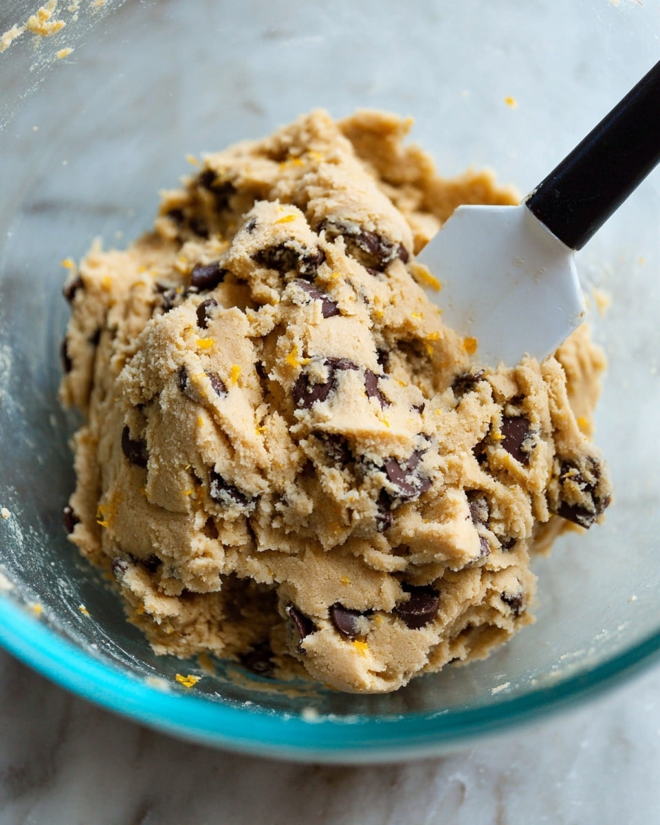The image shows a close-up of a large, rough mound of cookie dough with dark chocolate chunks mixed inside. The dough is light brown with specks of what looks like orange zest scattered throughout. It sits inside a transparent bowl, which has a light blue tint. Inside the bowl is a white spatula with a black handle, partially buried in the dough. The background is softly blurred but unchanged in color. The whole scene is set on a white marbled surface. photo taken with an iphone --ar 4:5 --v 7