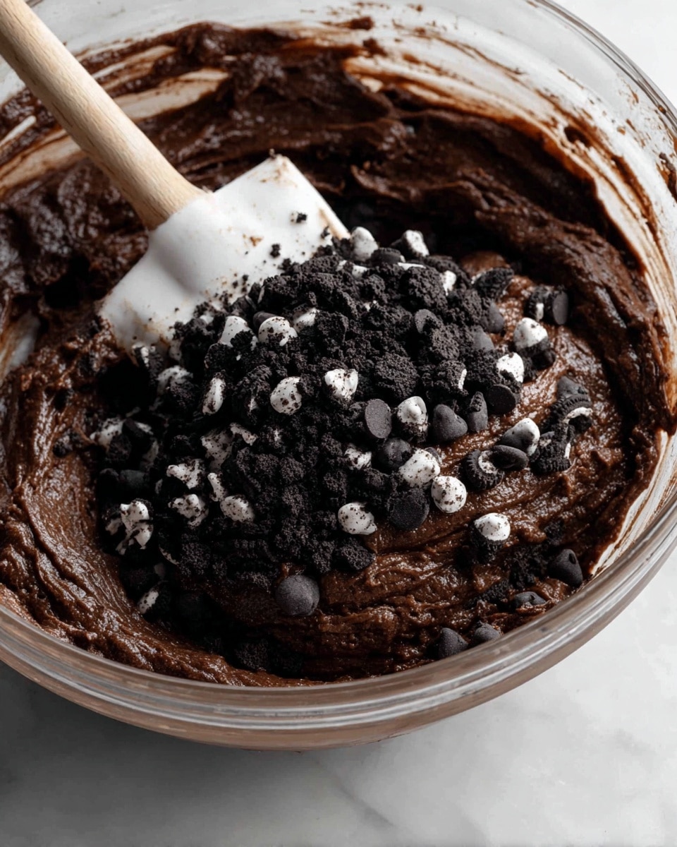 A close-up view of a clear glass bowl filled with dark chocolate batter mixed unevenly with crushed black and white cookies and dark chocolate chips on the top layer. The batter has a thick, dense texture with a rich brown color. A white spatula with a wooden handle is partially inside the bowl, stirring the mixture. The bowl sits on a white marbled surface. photo taken with an iphone --ar 4:5 --v 7