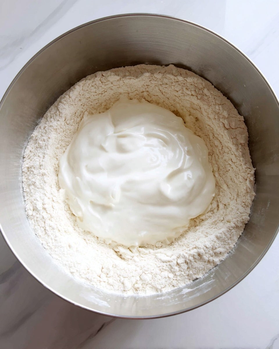 A large metal bowl holds two layers inside: the bottom layer is a dry, light beige flour with a soft, powdery texture, and the top layer is a thick, glossy white cream or yogurt placed in the center, with smooth, slightly uneven edges blending into the flour. The bowl sits on a white marbled surface. Photo taken with an iphone --ar 4:5 --v 7