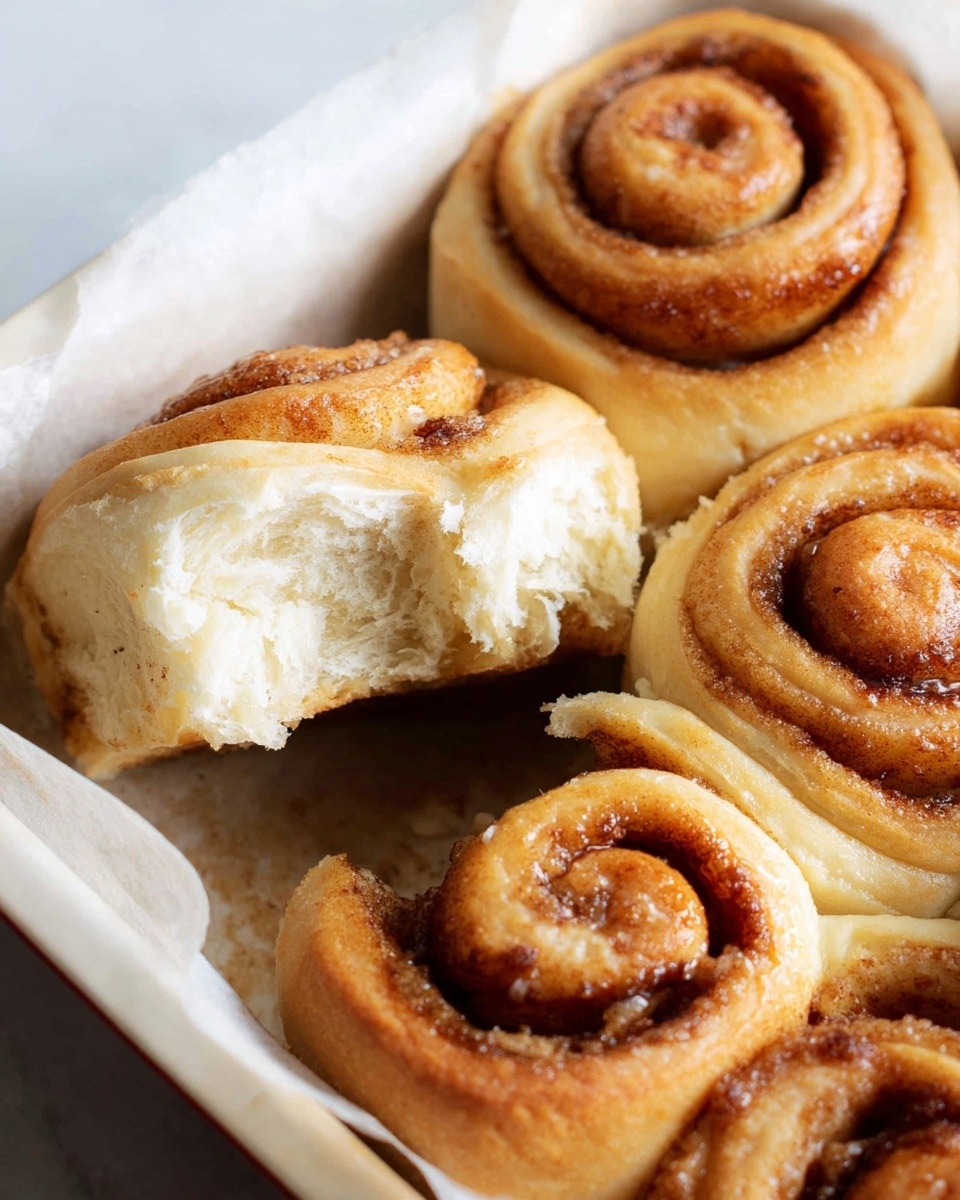 The image shows a close-up of golden brown cinnamon rolls in a white rectangular baking dish lined with parchment paper. Each roll has a visible swirl pattern of cinnamon filling in shades of light to dark brown nestled inside soft, fluffy dough that is slightly shiny and light beige. One roll is partially eaten, revealing the airy texture inside with a soft, pale interior. The dish is placed on a white marbled surface, highlighting the warm color and texture of the rolls. photo taken with an iphone --ar 4:5 --v 7