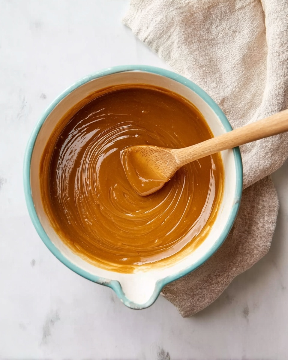 A white saucepan with a light turquoise rim is shown from above, filled with a thick, smooth caramel-colored mixture that has a shiny texture. A wooden spoon is swirling the mixture in the center, creating circular patterns on the surface. The pot is placed on a white marbled surface next to a soft, light beige cloth. Photo taken with an iphone --ar 4:5 --v 7