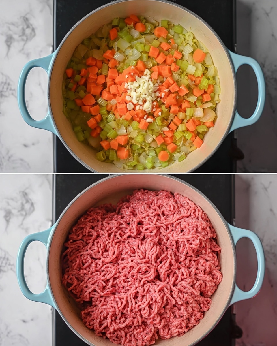 The first image shows a light blue pot with two handles on a black stove. Inside the pot, there is a layer of soft, diced vegetables including orange carrots, green celery, and translucent onions, mixed with some small white pieces of garlic in the center. The second image shows the same pot on the stove, but now a large amount of raw, bright pink ground meat covers the layer of cooked vegetables underneath. The background surface is a white marbled texture. Photo taken with an iphone --ar 4:5 --v 7