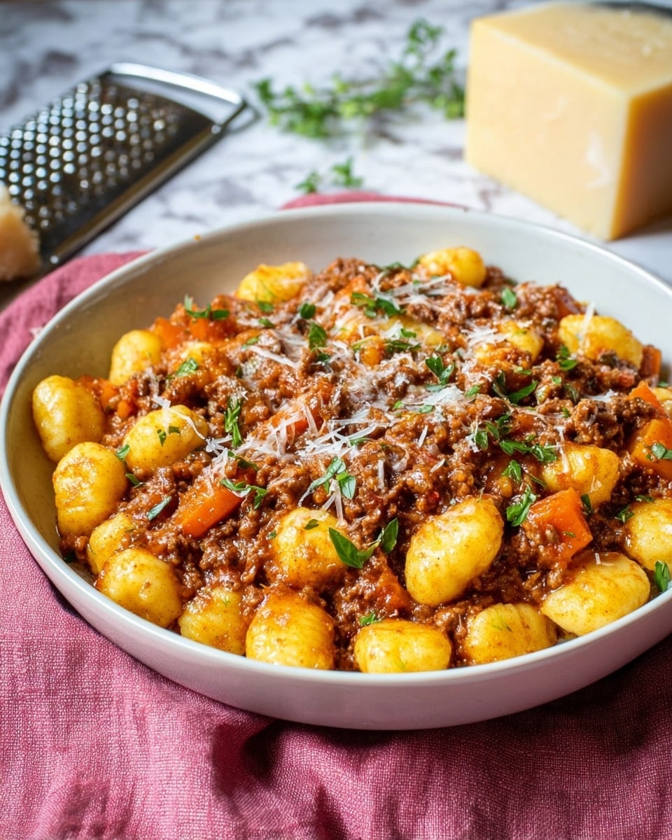 A white bowl filled with two main layers: the bottom layer is soft, golden-yellow gnocchi, round and smooth, sitting closely together; the top layer is a rich brown meat sauce mixed with chunks of orange carrots and small bits of green herbs, covering the gnocchi unevenly. Finely grated white cheese and small green herb pieces are sprinkled on top for a fresh finish. The bowl rests on a pink cloth with a white marbled textured background. A block of pale yellow cheese and a metal grater are slightly blurred in the background. Photo taken with an iphone --ar 4:5 --v 7