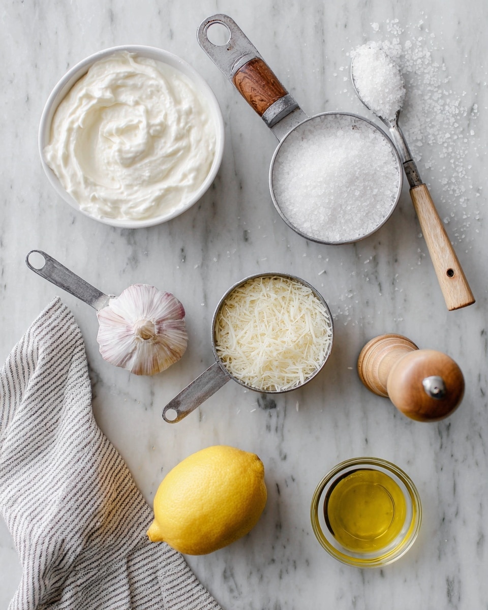 The image shows different ingredients arranged on a white marbled surface. At the top left, there is a round white bowl filled with thick white cream. Below it, a metal measuring cup with a wooden handle holds a smooth white creamy substance. To the right of these, there is a small round white dish filled with coarse salt with a striped cloth and a wooden pepper grinder nearby. Below the salt, half of a bright yellow lemon is placed. At the center bottom, a whole garlic bulb with light purple streaks sits next to another metal measuring cup with a wooden handle filled with finely grated cheese. To the right bottom corner, a small clear glass bowl contains a golden-yellow oil. photo taken with an iphone --ar 4:5 --v 7
