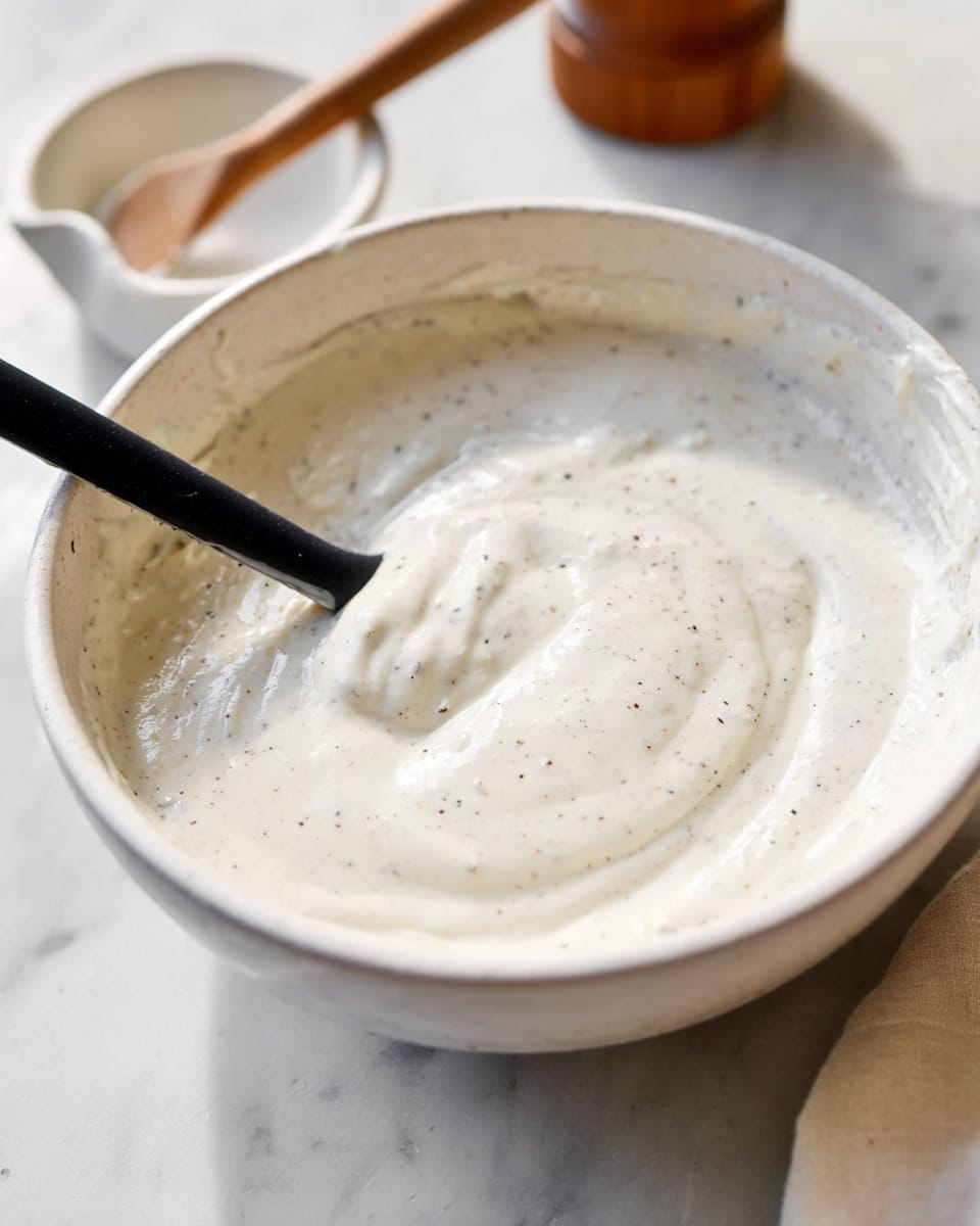 The image shows a white ceramic bowl filled with a thick, creamy white sauce that has small black pepper specks scattered throughout. A black spatula is partially dipped into the sauce, resting near the center of the bowl, showing the smooth and slightly textured consistency of the sauce. The bowl sits on a white marbled surface with soft lighting that highlights the sauce’s creamy texture. In the background, there is a small white dish with a wooden-handled utensil resting on it, slightly out of focus. Photo taken with an iphone --ar 4:5 --v 7