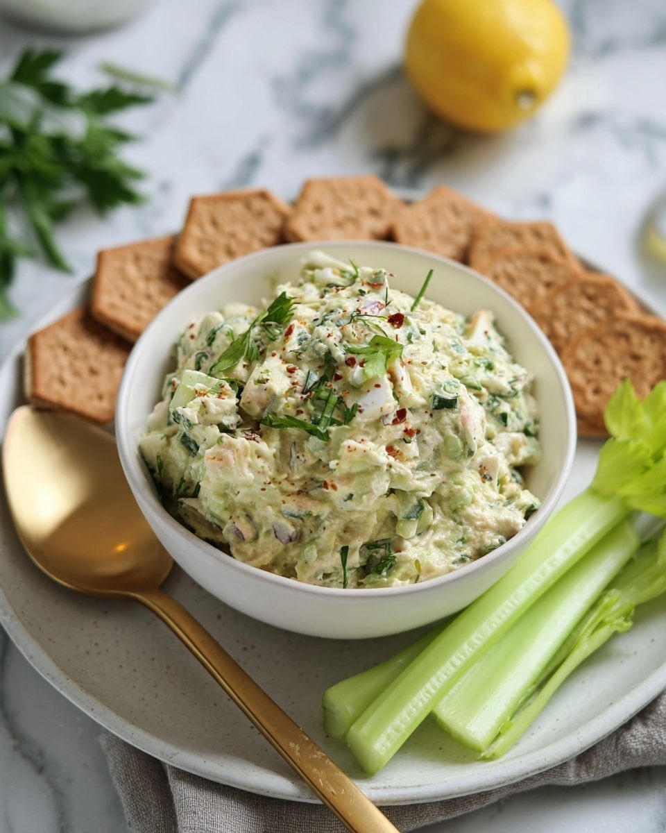 A white bowl filled with three layers of food sits on a white marbled surface. The top layer in the bowl is greenish creamy salad mixed with small bits of white and red, sprinkled with green herbs. The bowl holds a golden spoon on its left side. The bowl rests on a white plate with a few hexagon-shaped brown crackers arranged around the bowl's back side. At the bottom right side of the plate, there are fresh light green celery sticks. Some leafy green herbs lay just beside the celery on the marbled surface. In the blurry background, half a yellow lemon is visible. Photo taken with an iphone --ar 4:5 --v 7