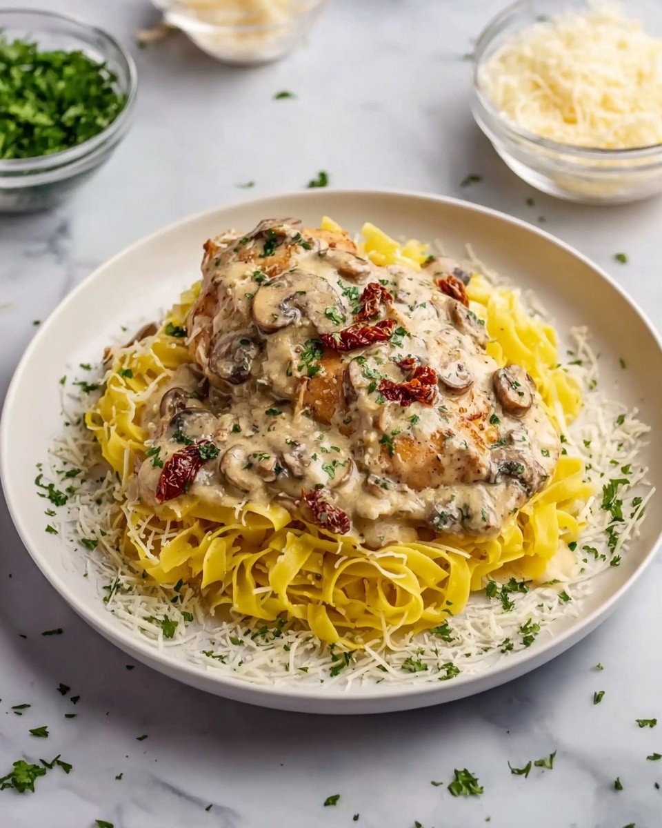 A white round plate holds a bed of bright yellow tagliatelle pasta arranged in a loose nest shape as the bottom layer. On top, a thick piece of cooked chicken is covered with a creamy light beige mushroom sauce, textured with visible sliced mushrooms and specks of green herbs scattered throughout. Small pieces of red sun-dried tomatoes add color contrast within the sauce. Fresh green parsley bits are sprinkled on top and around the edges. Around the pasta, finely shredded white cheese is lightly spread on the plate. The plate sits on a white marbled surface with two small clear bowls of shredded cheese and chopped parsley blurred in the background. photo taken with an iphone --ar 4:5 --v 7