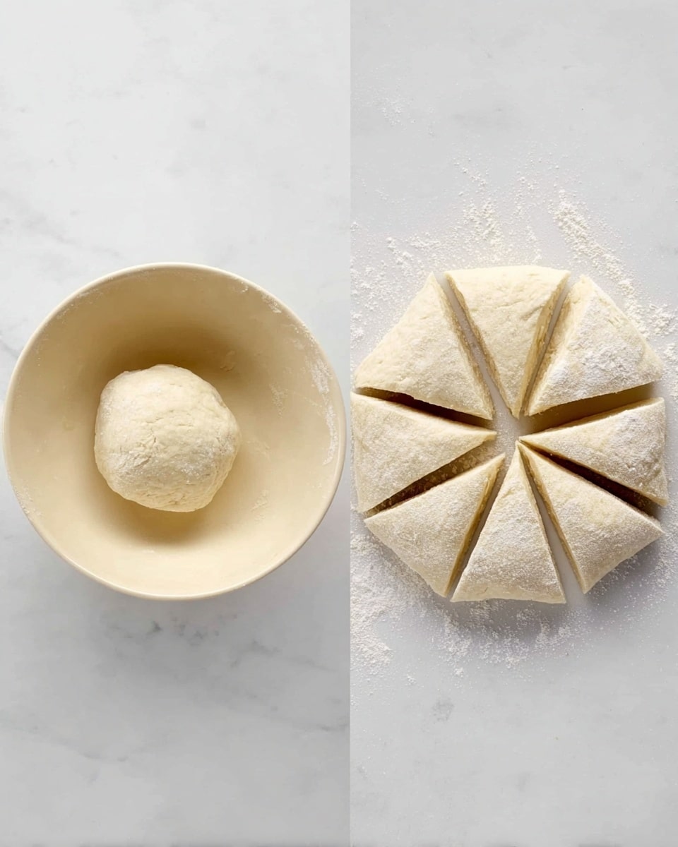 The image shows two parts: on the left, a light beige bowl with smooth sides holds a small ball of dough that looks soft and slightly uneven in texture. On the right side, pieces of dough are shaped into eight triangular parts arranged in a circle on a white marbled surface, with the tips facing inward and the wider edges out, creating a star-like shape. The dough pieces are pale with a powdery texture. photo taken with an iphone --ar 4:5 --v 7
