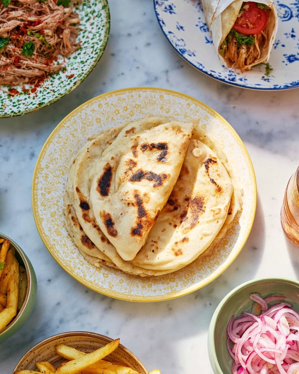 The image shows a stack of four lightly browned flatbreads on a white plate with a delicate yellow pattern around the rim, placed on a white marbled surface. One flatbread on top is folded in half, revealing some of its soft and slightly puffed texture with charred spots in dark brown. Around the plate, there are other dishes: on the top left, a white plate with a green pattern holds shredded cooked meat seasoned with red spices and some sliced red onions with tomatoes; near the top right, a white plate with a blue pattern holds a wrapped flatbread filled with meat, sliced tomato, and red onions garnished with herbs; on the bottom left, there is a white bowl (changed from turquoise) with golden fried potato sticks; near the bottom right, a green bowl has thinly sliced red onions mixed with chopped fresh herbs; and to the far right, there is a glass dish with a light-colored sauce. The whole scene is bright with natural light highlighting the textures and colors. photo taken with an iphone --ar 4:5 --v 7