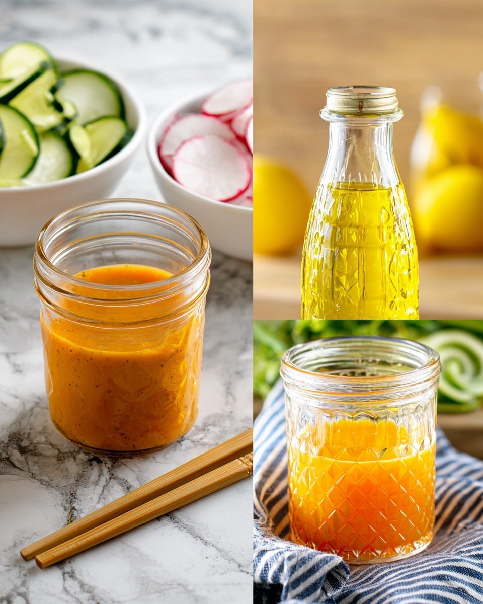 The image shows three separate glass containers with different dressings or sauces. The first container is a small, clear glass jar filled with a thick, orange-colored sauce, placed next to a set of wooden chopsticks on a white marbled surface, with two white bowls behind it holding thinly sliced cucumber and radish. The second container is a clear, textured bottle with two visible layers of liquid: a bright yellow oil on top and a lighter yellow, slightly grainy mixture on the bottom, resting on a light wooden surface with blurred yellow objects in the background. The third container is a clear, diamond-patterned jar, filled about halfway with a bright orange liquid, set on a cloth with blue and white stripes on a white marbled textured surface, with some green spiral vegetables blurred behind it. Photo taken with an iphone --ar 4:5 --v 7