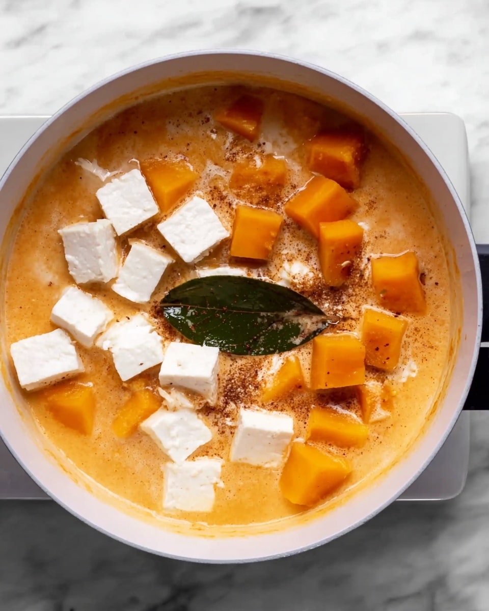 This image shows a white pot filled with a creamy orange soup base. In the soup, there are bright orange chunks of pumpkin scattered around the pot. On top of the pumpkin pieces, there are white tofu cubes arranged mostly on one side. In the center of the pot, a single green bay leaf lies on the surface of the soup, surrounded by a swirl of darker brown spices or sauce. The pot rests on a white marbled surface. photo taken with an iphone --ar 4:5 --v 7