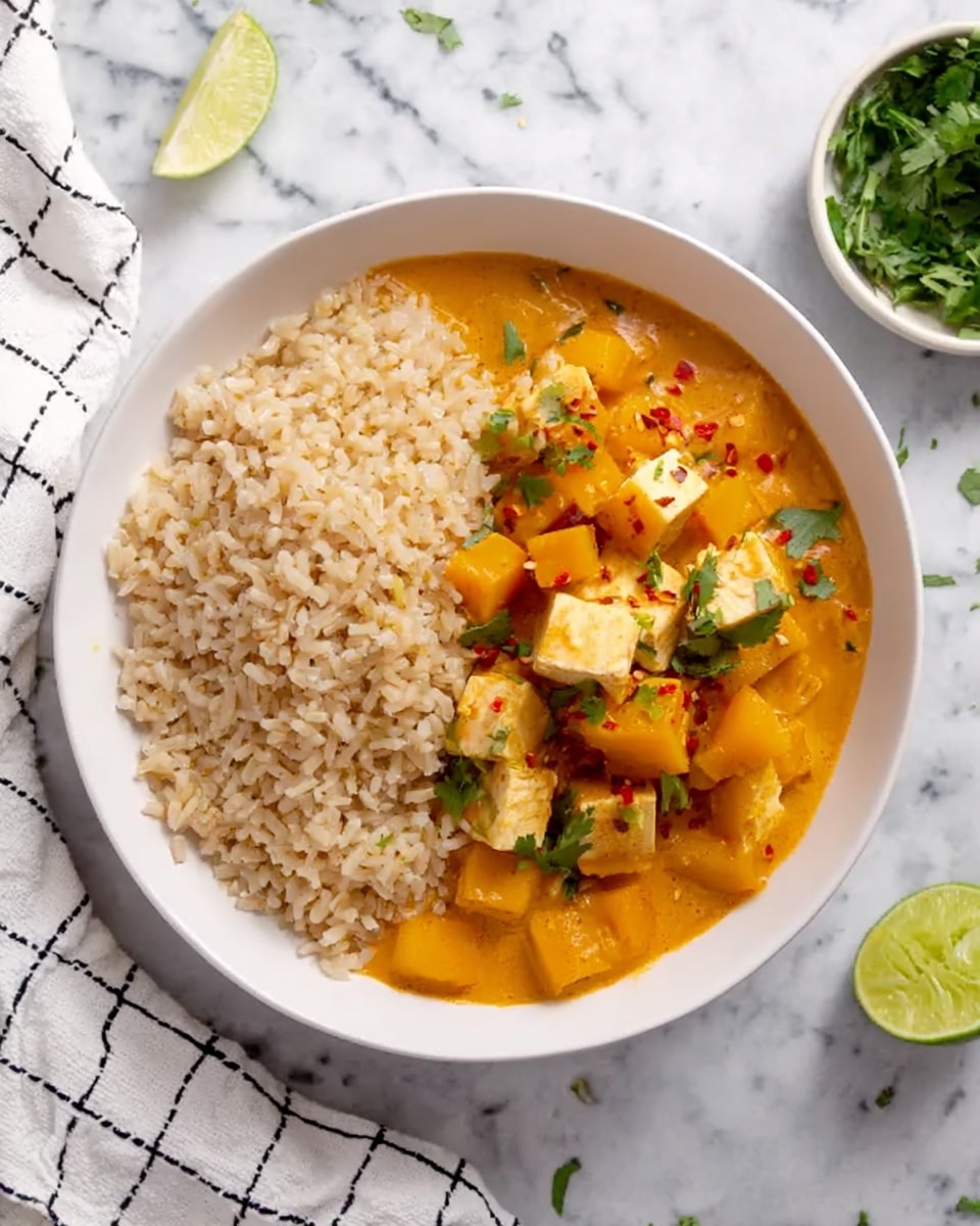 A white bowl filled with two main layers side by side: on the left, a mound of light brown rice with a soft and grainy texture, and on the right, an orange creamy curry sauce containing small cubes of soft tofu and bright yellow pumpkin pieces. The curry is topped with green cilantro leaves and a few red chili flakes, adding a touch of color contrast. The bowl is set on a white marbled surface with a small wedge of lime nearby, a white cloth with a black grid pattern, and a small bowl of fresh green herbs partially visible at the top. Photo taken with an iphone --ar 4:5 --v 7