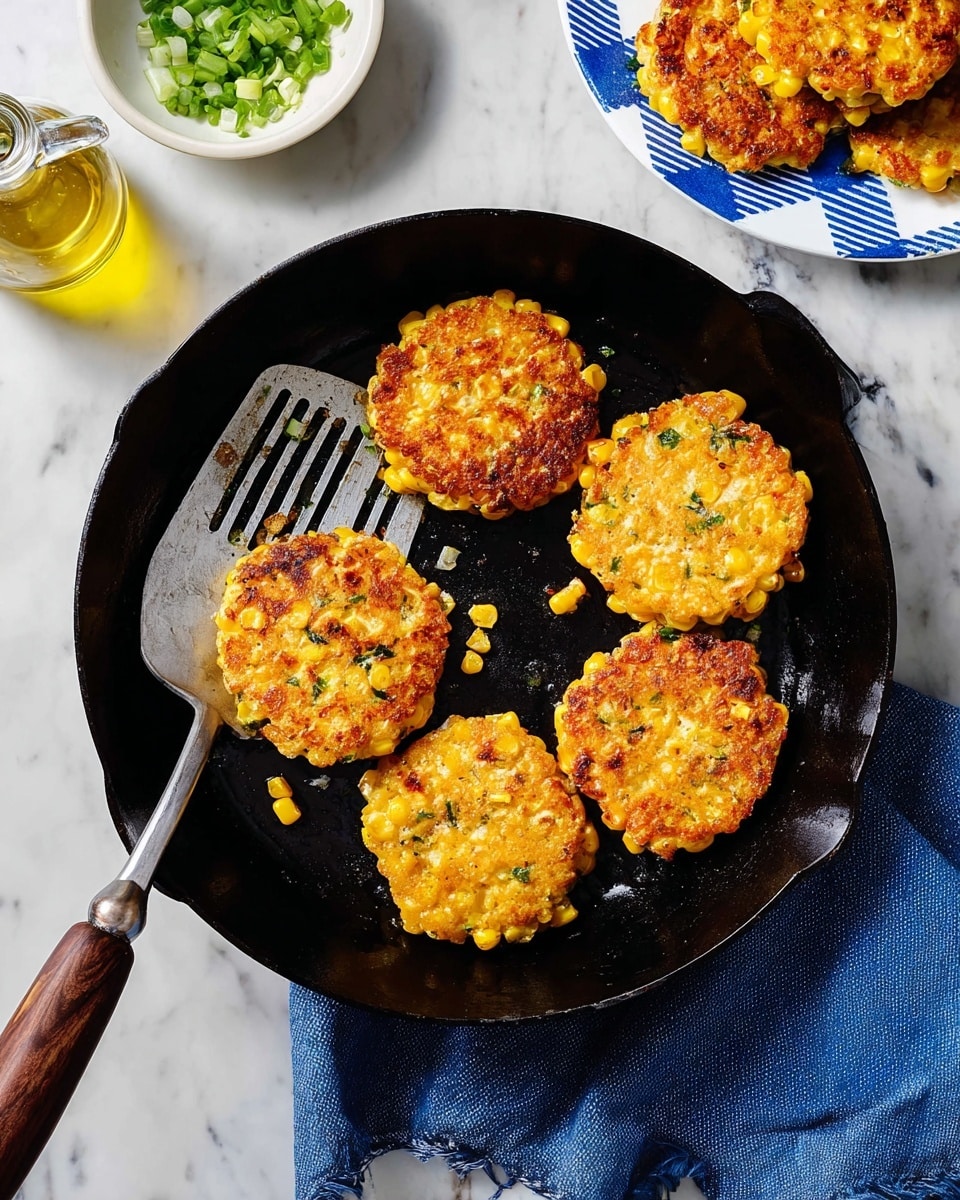 A black cast iron skillet holds six golden-brown corn fritters, each with a slightly crispy texture and visible corn kernels throughout. A metal spatula with a dark wooden handle rests under one fritter on the left side of the pan. The skillet sits on a white marbled surface with a blue cloth slightly visible underneath its handle. In the top left corner, there is a small glass bottle of light olive oil and a white bowl with green chopped scallions. To the right, a white plate with a blue checkered pattern holds more golden corn fritters. Photo taken with an iphone --ar 4:5 --v 7