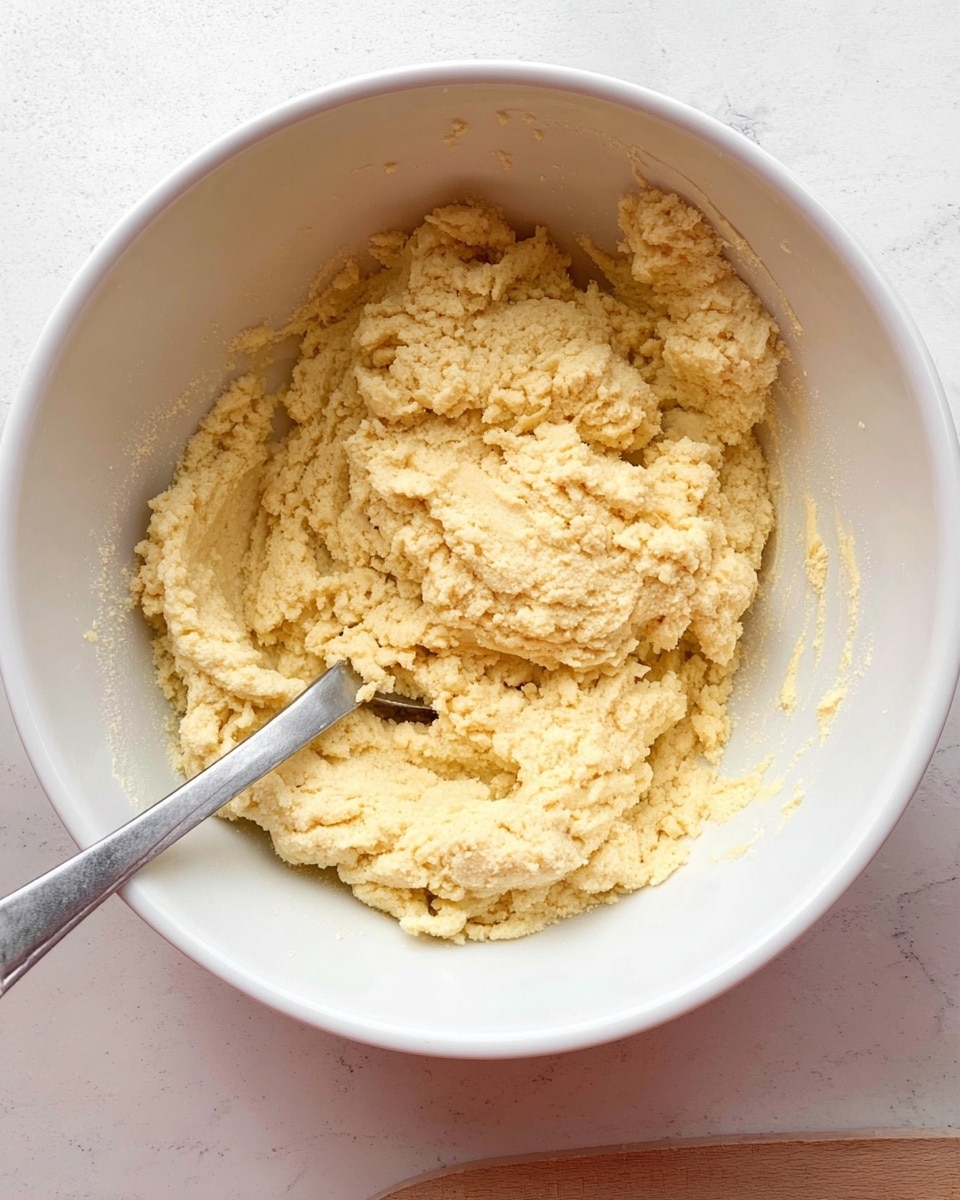 A close-up view of a white bowl filled with a pale yellow dough that has a soft, crumbly texture. The dough occupies most of the bowl, slightly mounded in the center with uneven, rough surfaces showing the mix is not fully smooth. A silver spoon with a long handle rests inside the bowl on the left side, partially covered by the dough. The bowl sits on a white marbled surface that adds a clean, light background to the scene. photo taken with an iphone --ar 4:5 --v 7