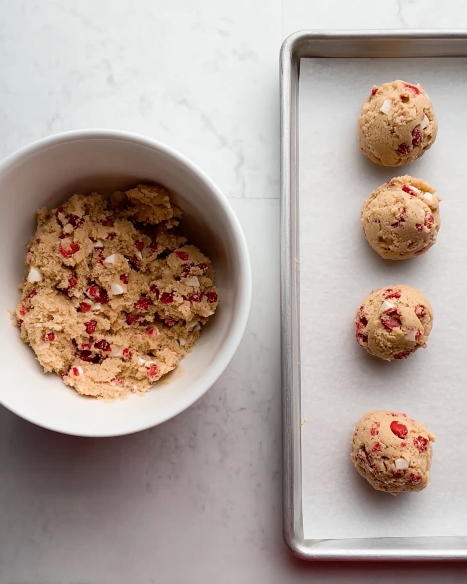 The image shows a white bowl on the left side filled with light brown cookie dough mixed with small red pieces and white chunks. To the right, four round scoops of the same dough are placed evenly on a white baking tray lined with parchment paper, arranged in two rows with two scoops each. The surface underneath is a white marbled texture. photo taken with an iphone --ar 4:5 --v 7
