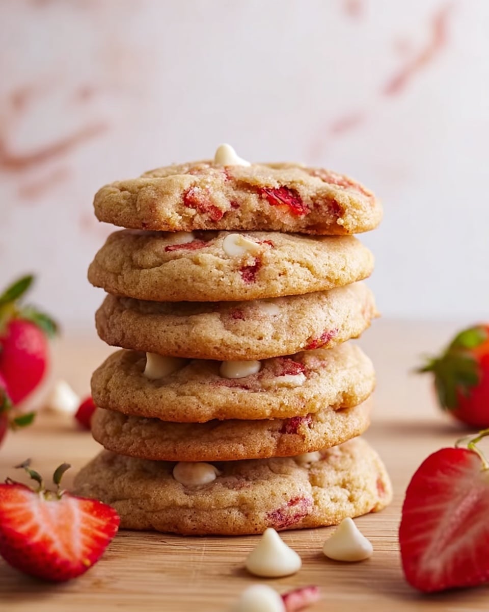 A stack of six golden-brown cookies with visible red strawberry pieces and white chocolate chips inside, placed on a light brown wooden surface. The cookies are slightly rough in texture, soft but firm. Around the stack, there are fresh strawberries, both whole and sliced, along with a few white chocolate chips scattered. The background is softly blurred with a white marbled surface underneath, which adds a clean look. photo taken with an iphone --ar 4:5 --v 7