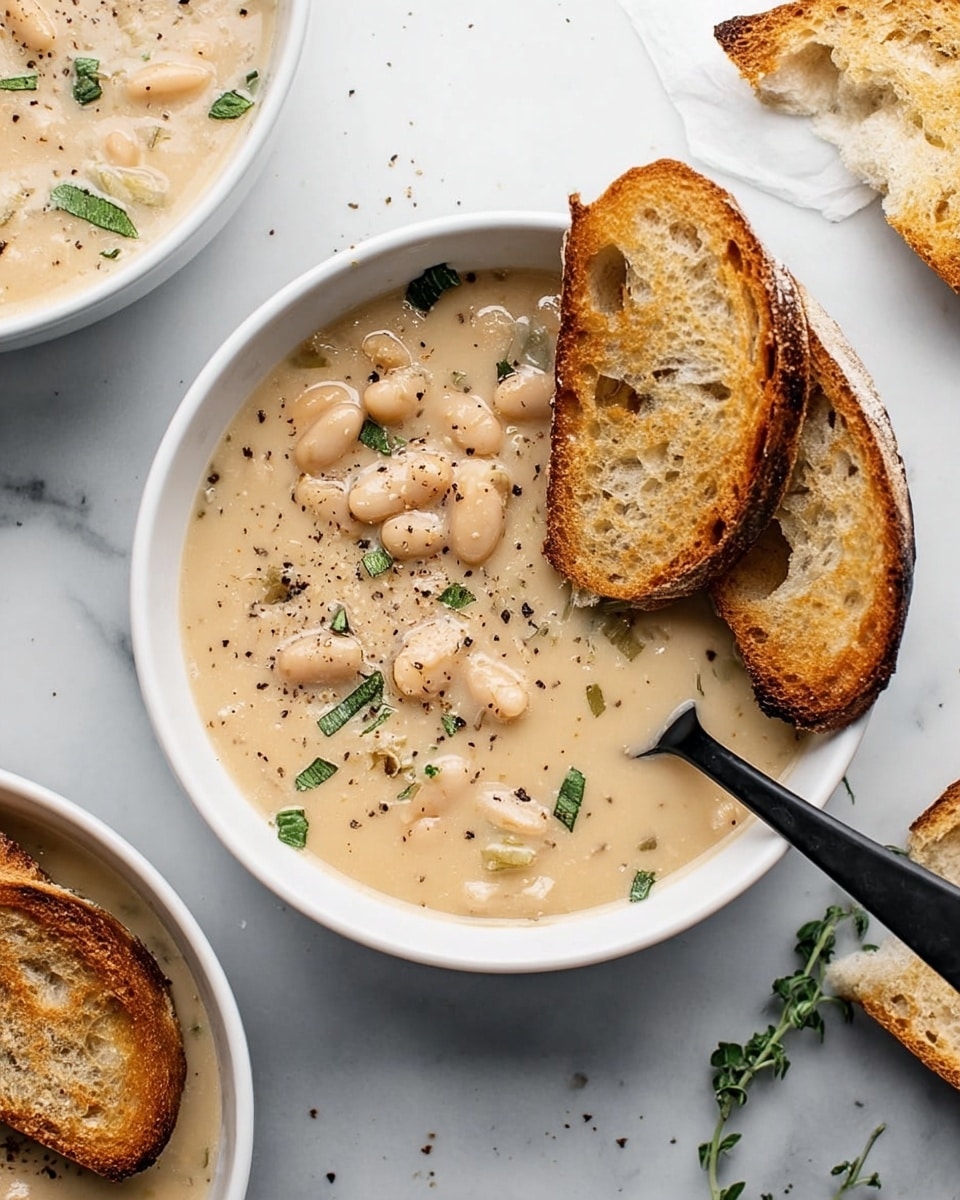 A white bowl filled with a creamy soup that has white beans and small green herbs scattered throughout. Two toasted slices of rustic bread are placed on the right edge of the bowl, slightly overlapping the soup. A black spoon is dipped into the soup on the right side. The soup surface is sprinkled with black pepper flakes. Nearby, other white bowls contain similar creamy soup with toasted bread pieces and some herbs. The background is a white marbled texture. photo taken with an iphone --ar 4:5 --v 7