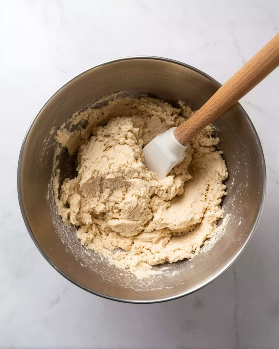 A silver mixing bowl filled with light beige dough that has a rough, slightly crumbly texture inside. A wooden spatula with a white silicone head rests inside the bowl, partially covered in dough. The bowl sits on a white marbled surface with soft shadows around it. photo taken with an iphone --ar 4:5 --v 7