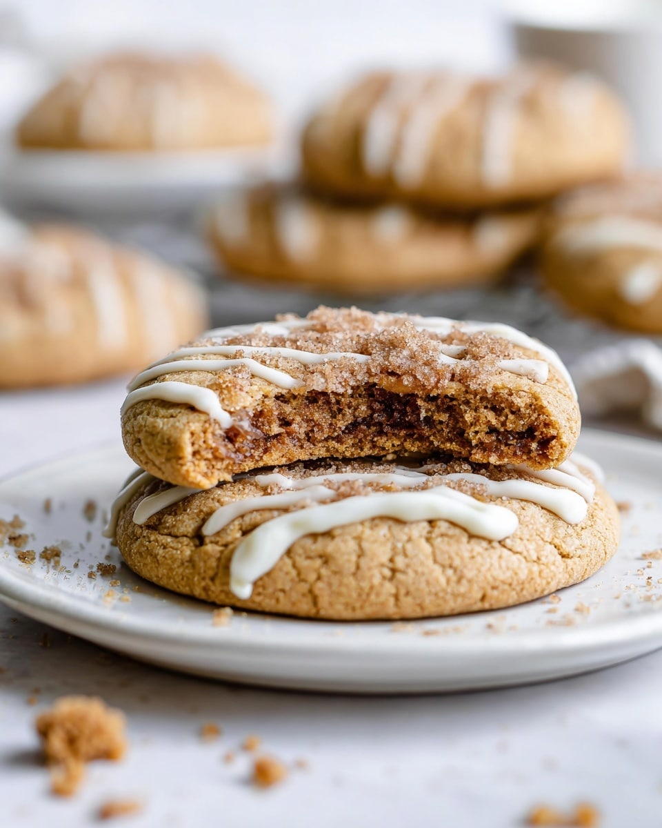 The image shows two large cookies stacked on a white plate with a white marbled surface underneath. The bottom cookie is light brown and slightly cracked with a smooth texture, decorated with thin white icing drizzled across the top. On top of it is another cookie, also light brown but with a crumbly center filled with darker brown cinnamon and sugar crumb topping. This top cookie has a bite taken from it, revealing its soft textured inside. More cookies are blurred in the background, and small crumbs are scattered around the plate. Photo taken with an iphone --ar 4:5 --v 7