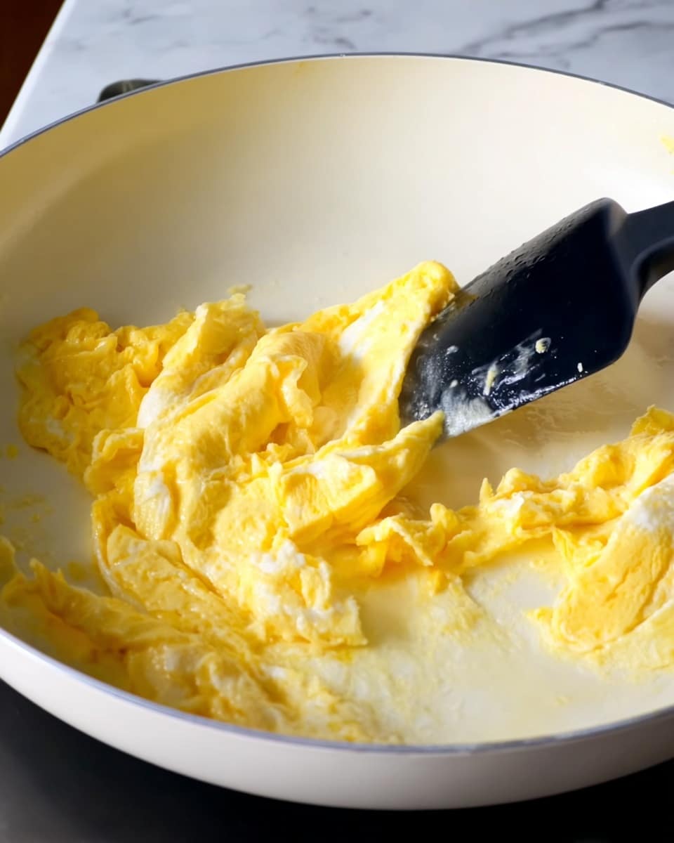 A close-up view of a white pan with light yellow cooked eggs inside. The eggs show soft, fluffy, slightly folded layers with a mix of pale and brighter yellow shades. A black spatula is seen lifting part of the eggs. The background surface is white marble, giving a clean look. The light reflects softly on the pan's smooth surface, emphasizing the texture of the eggs. Steam rises gently from the pan, showing the eggs are hot. photo taken with an iphone --ar 4:5 --v 7