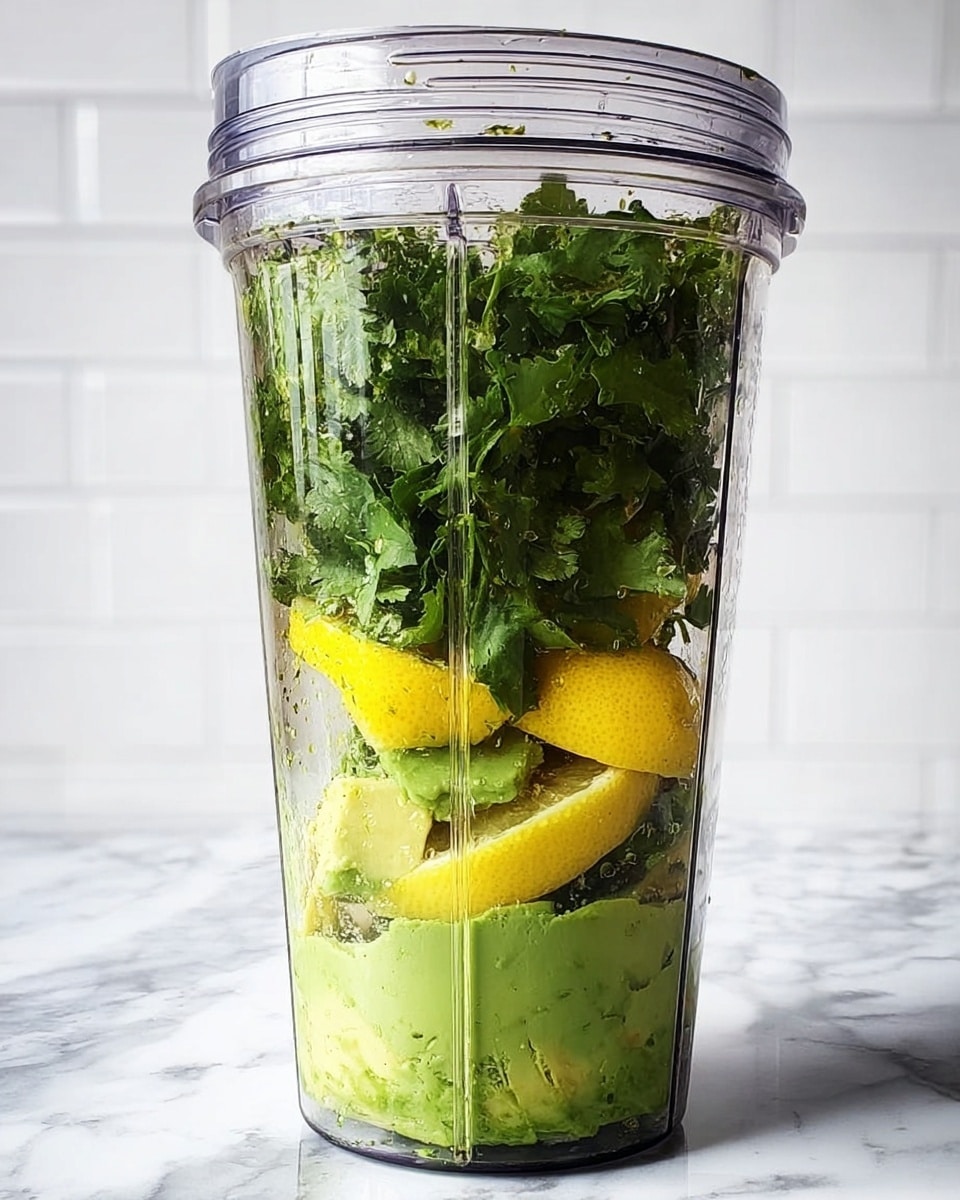A tall clear blender cup is shown filled with layers of ingredients. At the bottom are chunks of bright green avocado, followed by bright yellow slices of lemon. The top and largest layer is leafy green cilantro, packed full and almost reaching the top of the cup. The cup sits on a white marbled surface with a white marbled background. The clear lid is loosely placed on top, showing some green smudges on it. photo taken with an iphone --ar 4:5 --v 7
