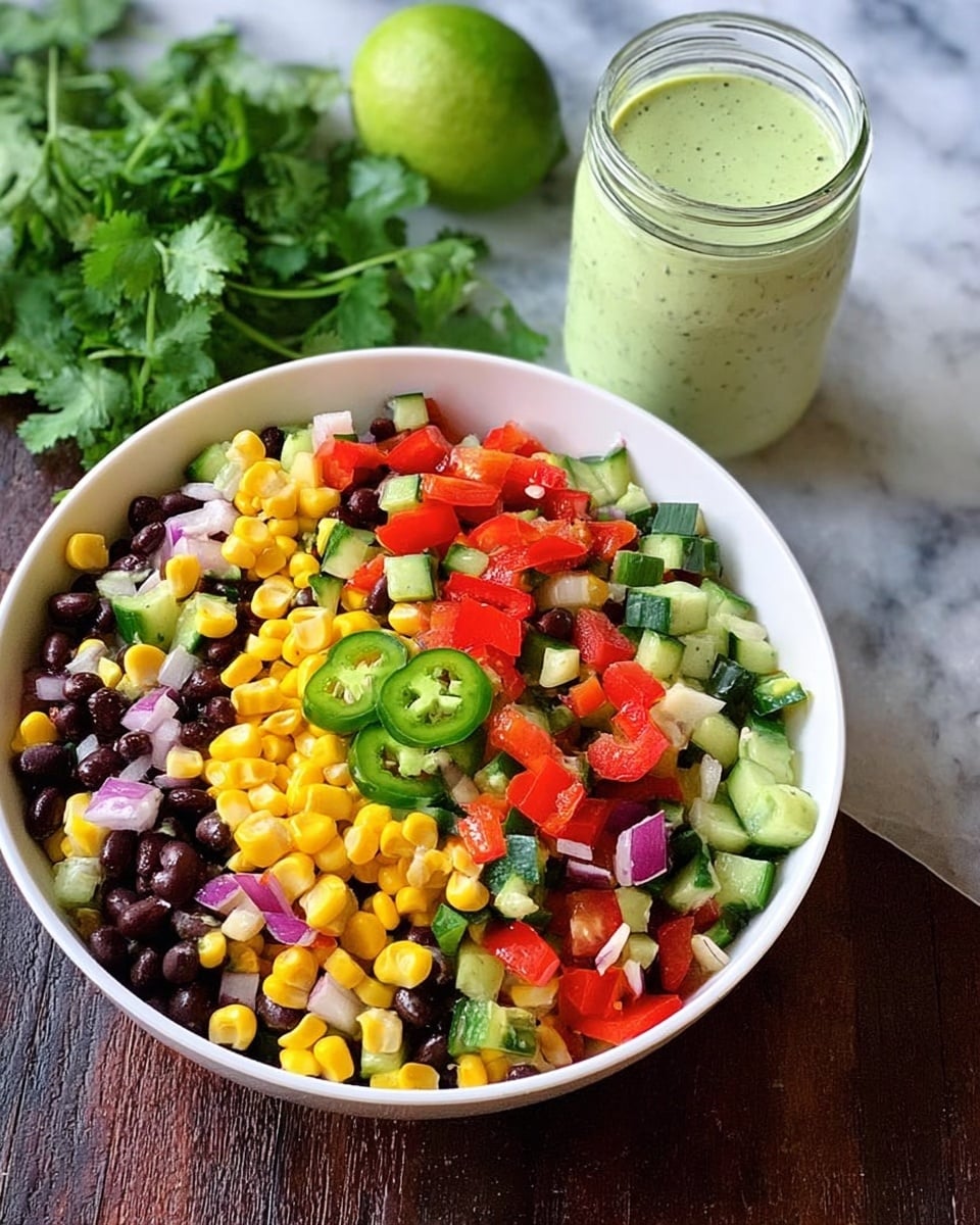 A white bowl filled with a colorful salad showing several mixed layers of ingredients. At the bottom, there are yellow corn kernels and black beans spread evenly. On top, chopped cucumber pieces, diced red bell peppers, and small pieces of red onion are scattered. There are also few slices of green chili pepper placed on the salad. Next to the bowl, on a dark wooden surface with some fresh cilantro leaves and a halved lime in the background, there is a small glass jar filled with a pale green dressing. The scene is set on a white marbled textured surface. Photo taken with an iphone --ar 4:5 --v 7