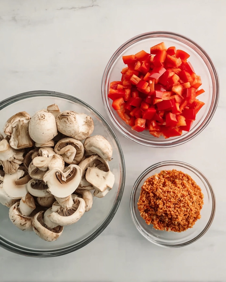 Three clear glass bowls sit on a white marbled surface, each holding different ingredients. The largest bowl on the left contains whole and sliced white mushrooms with light brown caps and white stems showing textured gills inside the slices. The top right bowl holds small, bright red diced bell peppers, evenly cut into small cubes. The smallest bowl at the bottom right carries a coarse orange mixture, resembling crushed or ground seasoning with a slightly chunky texture. photo taken with an iphone --ar 4:5 --v 7
