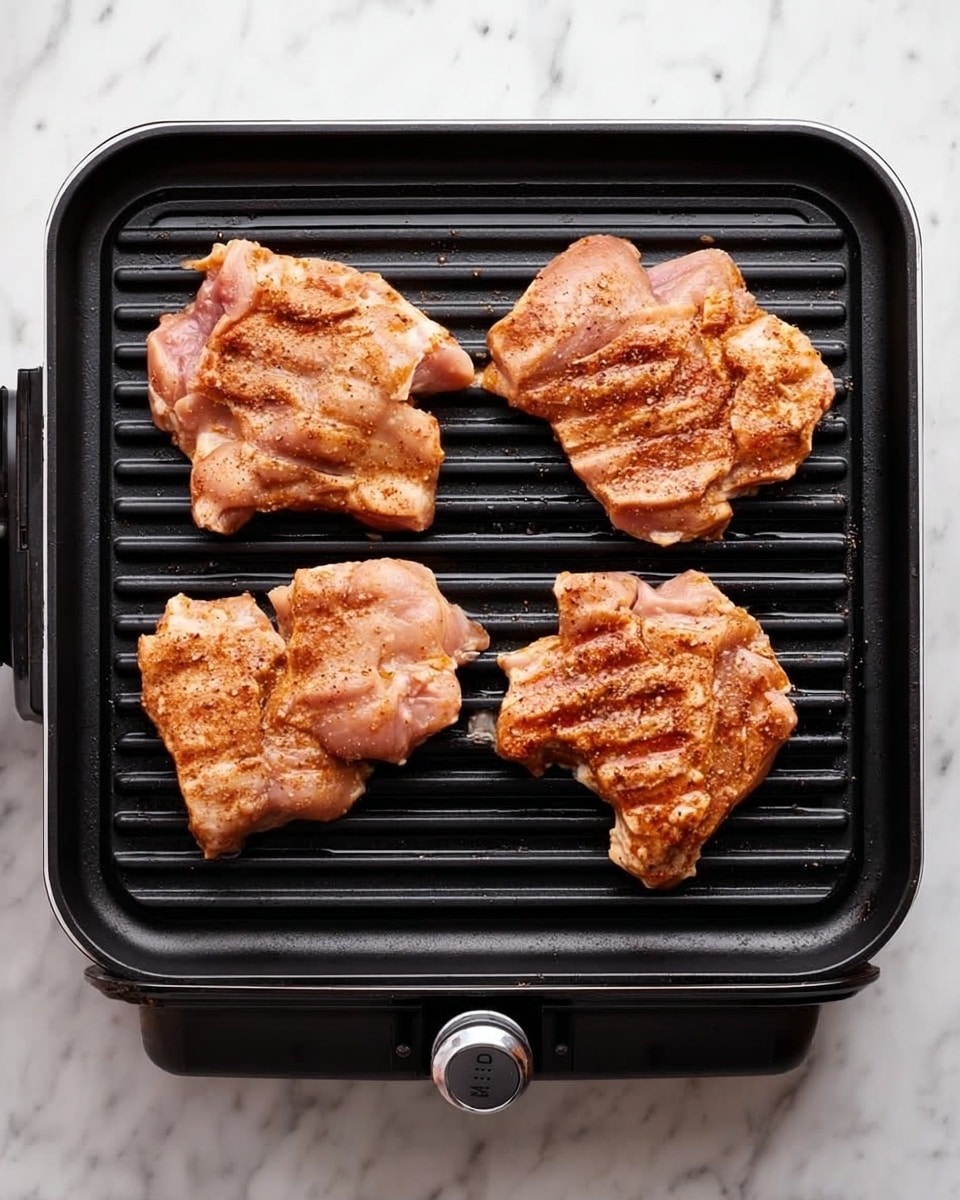 The image shows four pieces of raw marinated chicken placed on a black ridged electric grill. The chicken pieces are uneven in shape and light brown in color with visible spices and marinade coating. The grill sits on a white marbled surface, and the grill's control knob is visible at the bottom center. There is no other food or utensils visible in the image. photo taken with an iphone --ar 4:5 --v 7