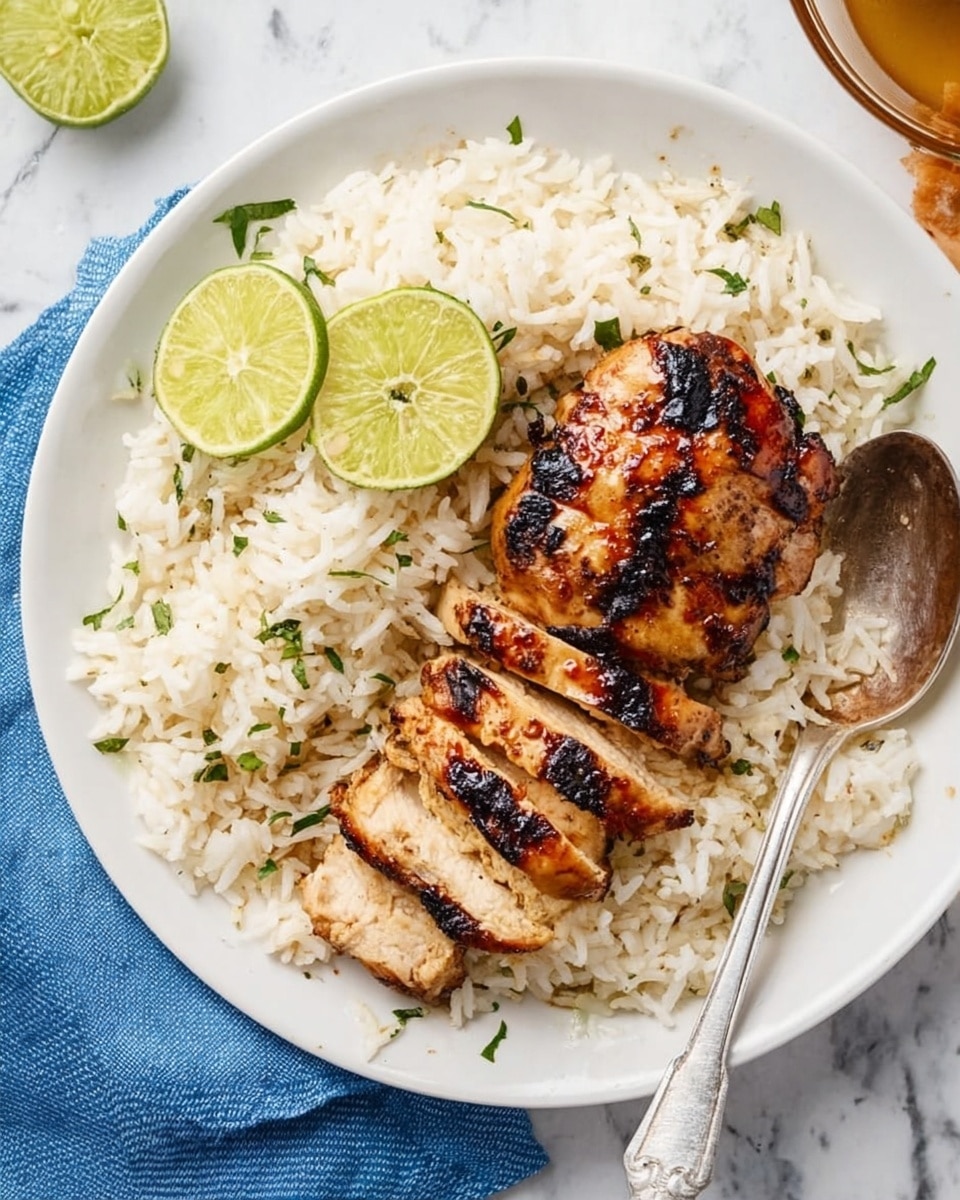 A white plate holds a bed of fluffy white rice with small green herb pieces sprinkled on top. On the rice, there are two pieces of grilled chicken showing dark grill lines across the light brown, slightly charred surface. One piece of chicken is whole, and the other is sliced diagonally to show the inside texture. Two lime slices rest on the rice to the left of the chicken. A silver spoon is placed on the right side of the plate, its handle resting on a blue cloth napkin, all set on a white marbled surface. Photo taken with an iphone --ar 4:5 --v 7