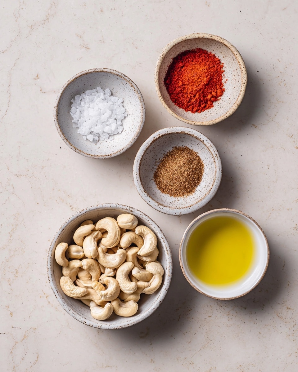 Five small white ceramic bowls are arranged on a white marbled surface. The bottom bowl is filled with whole cashew nuts, which are light beige and slightly curved. Above it and to the left, one bowl holds coarse white salt crystals, while another small bowl above that contains bright red powdered spice. To the right of the salt bowl, there is a smaller bowl containing a darker brown spice powder. To the right of these, two more bowls sit side by side: the top one filled with yellow oil and the bottom one with a white liquid. photo taken with an iphone --ar 4:5 --v 7